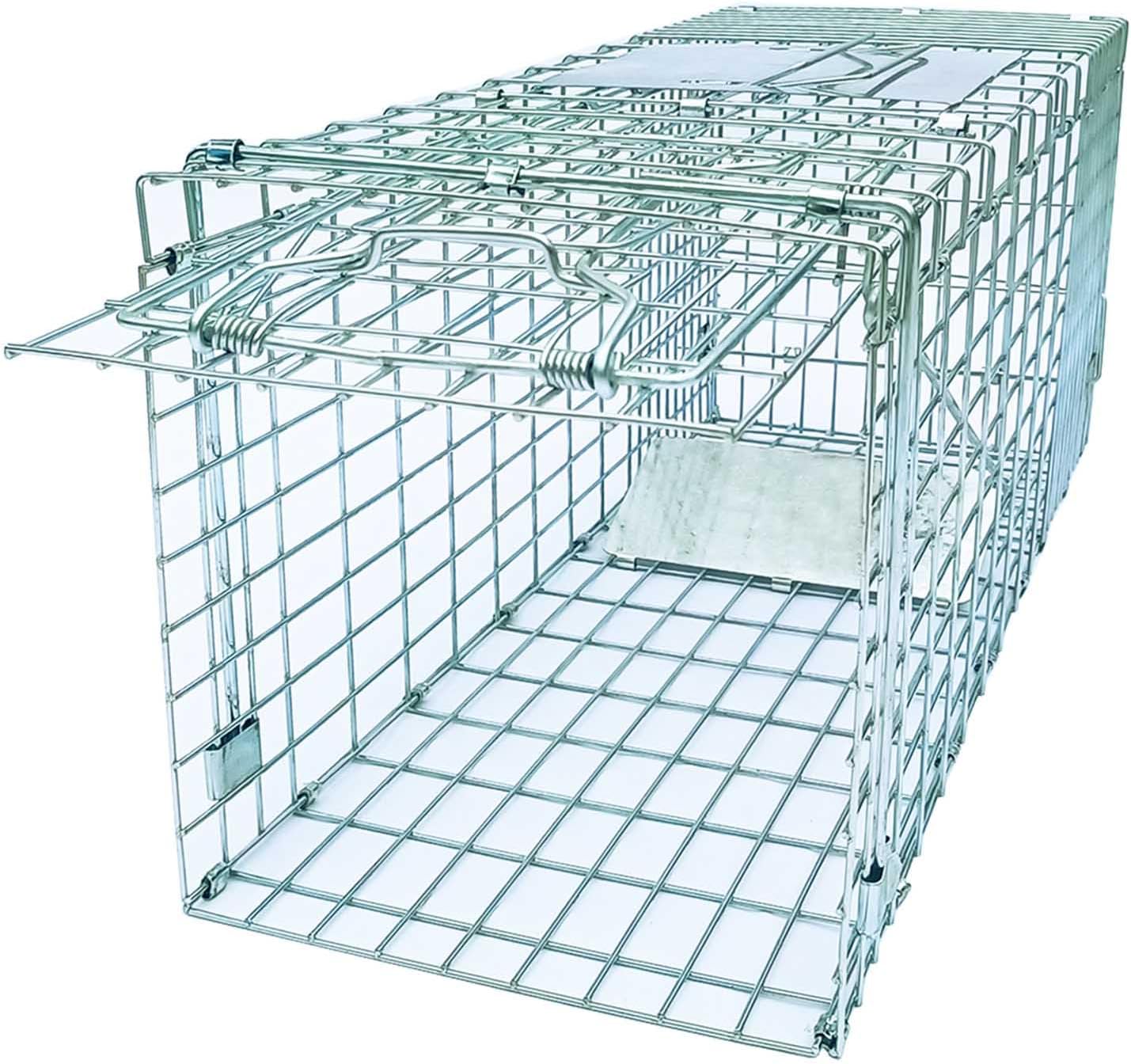 Folding Collapsible Humane Live Animal Cage Trap No-Kill Trapping Kit for Humane Catch Release Rodent Rabbits, Stray Cat, Squirrel, Raccoon, Opossum, All Fit Sized Animals, 2-Door 26" x 9.5" x 10.2" Silver