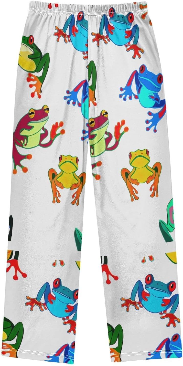 Vibrant Colorful Frogs White Pajama Pants, Soft Breathable Lounge Trousers with Pockets for Spring Autumn