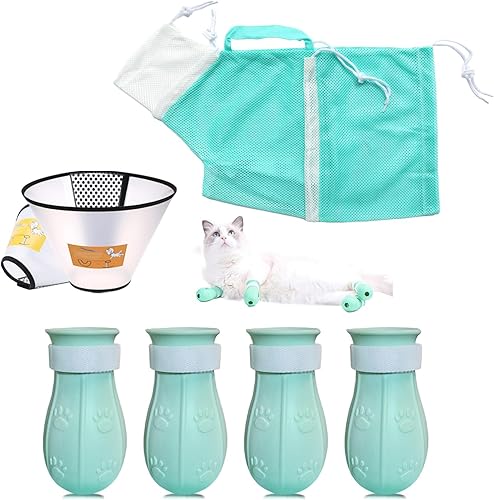 7 piezas de suministros de baño para gatos, zapatos de silicona antiarañazos, fundas de garra de gato, bolsa de red de ducha de gato, bolsa de baño