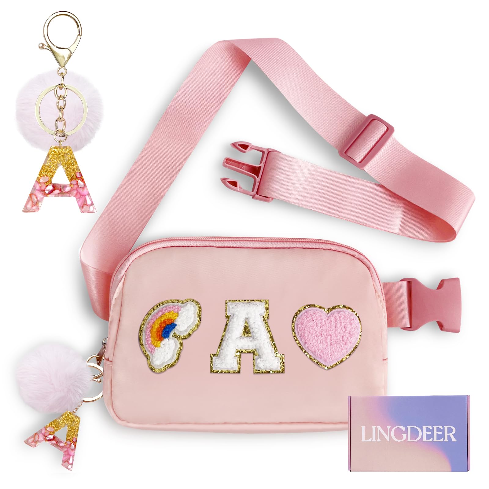 Lingdeer Personalized Belt Bag with Keychain, Fanny Pack for Girls Women, Initial Birthday Gifts for Teen Girls Mom, Crossbody Bag, Small Waist Packs,