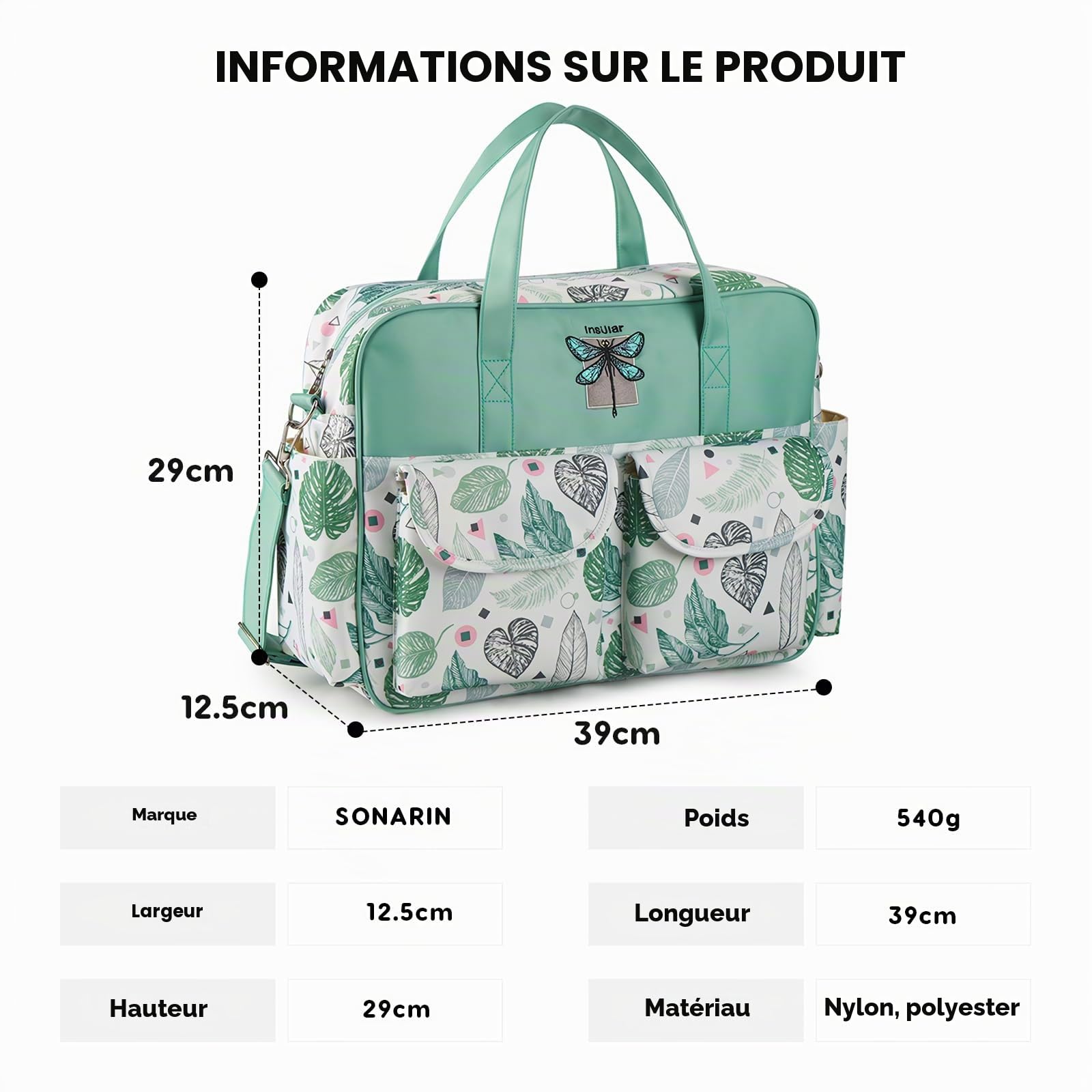 SONARIN Sac à Langer Grande Capacité, Léger et Imperméable - Fourre-tout de Voyage pour Bébé avec Bandoulière et Matelas à Langer