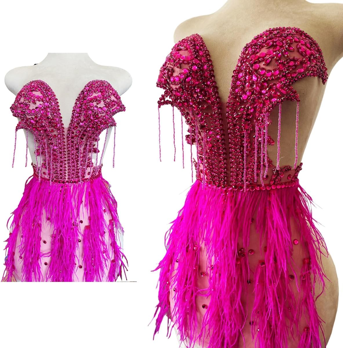 Handmade Luxury Tassels Feathers Bodice Appliques Hand-Stitched Beads Rhinestones Trim Patches Shiny Accessories for Dresses (Rose red)
