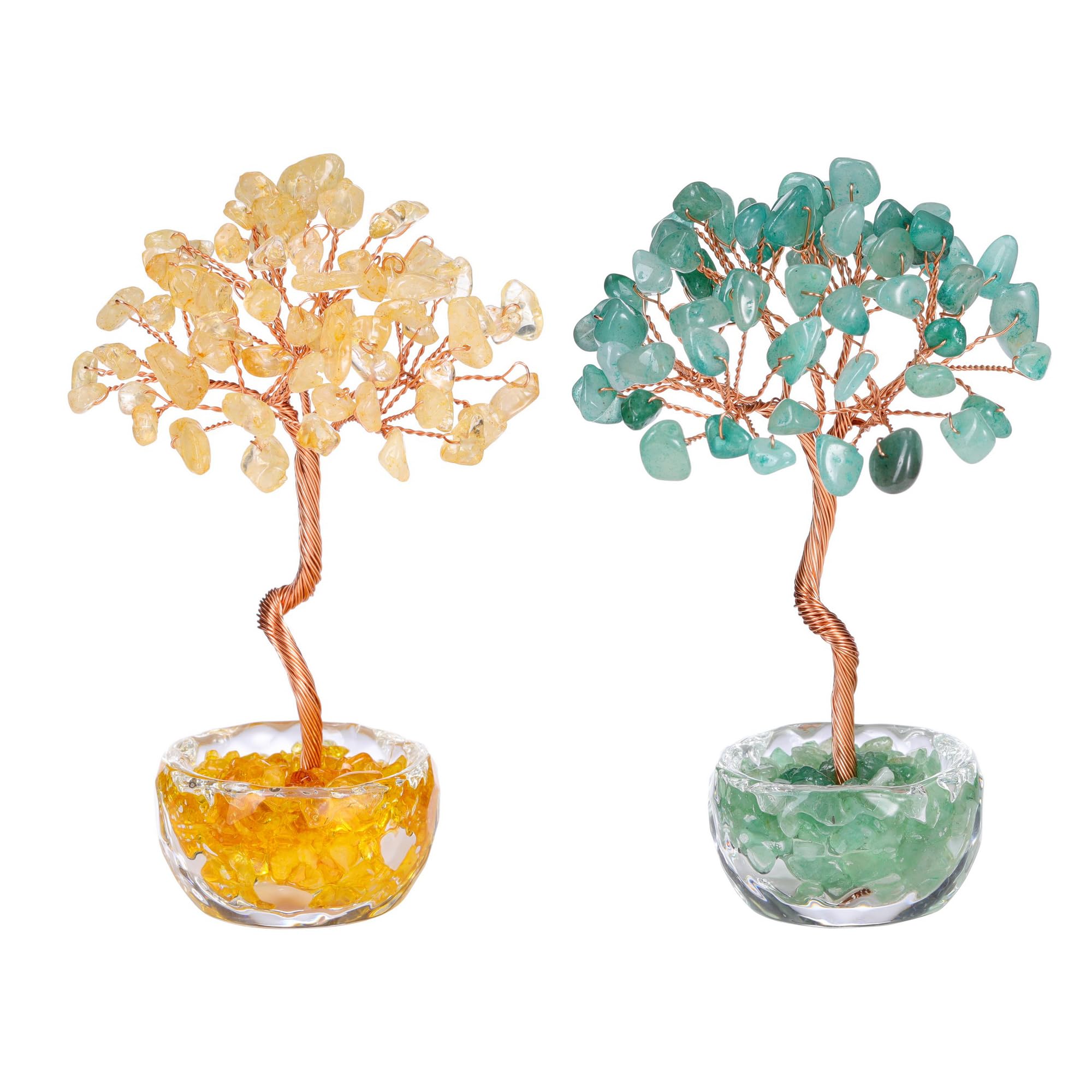 CrystalTears 2pcs Mini Crystal Trees Gifts for Women, Citrine Green Aventurine Healing Gemstone Money Tree for Home, Office Desk Decoration, Good Luck Crystal Gifts for Friends Mum Christmas Birthday