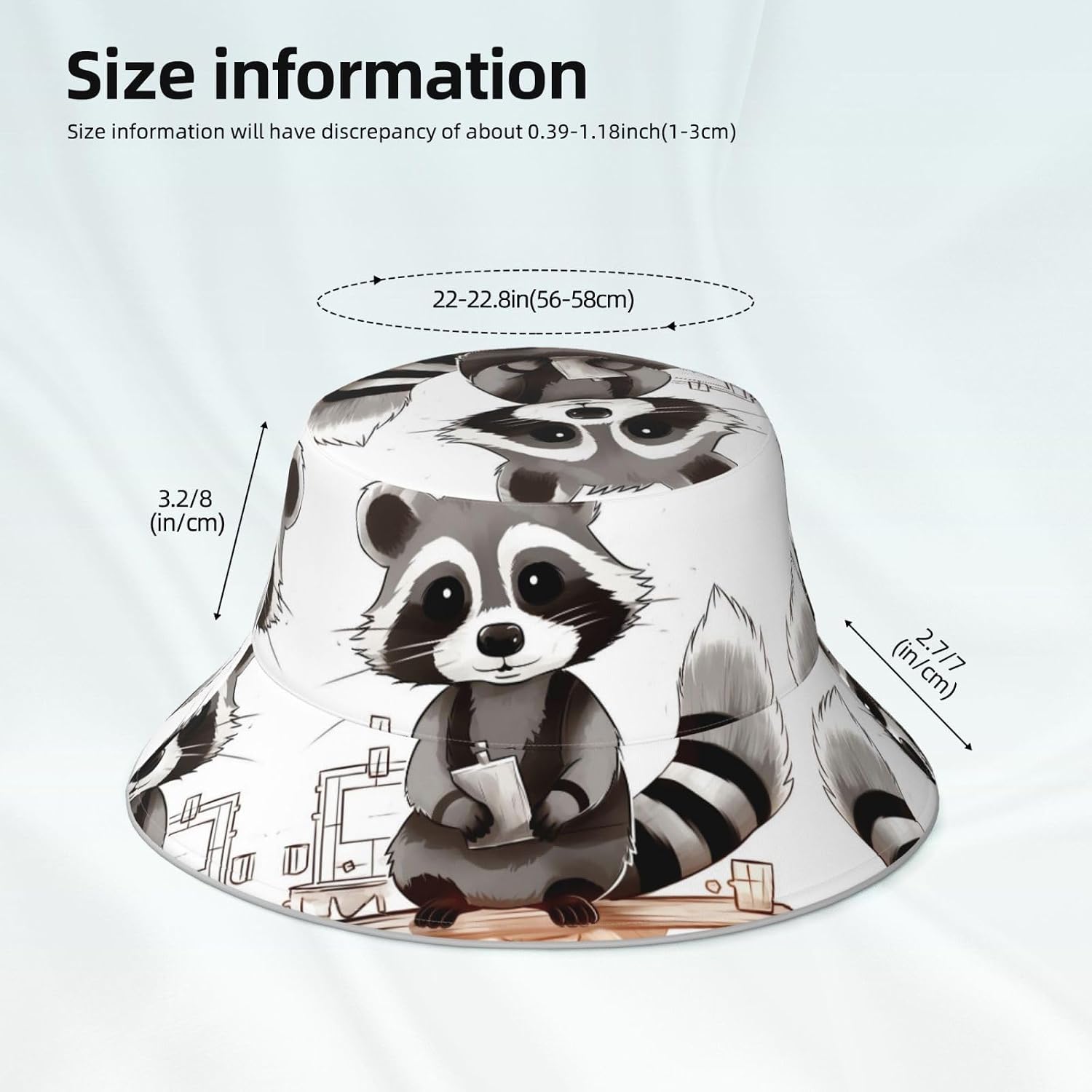 (Cartoon Cute Raccoon) Reflective Reversible Bucket Hat Foldable Breathable Stylish Two-Way Wear for Outdoor Travel Daily Activities Black