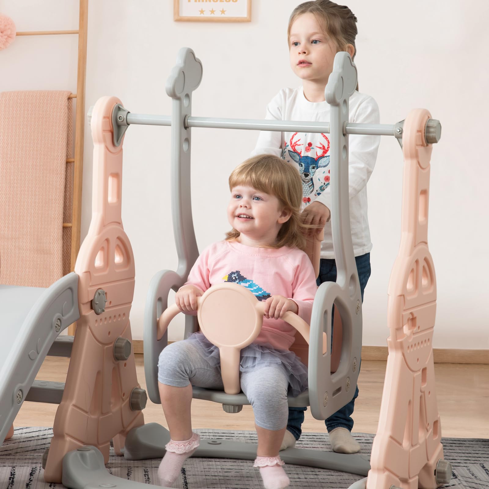 Tobogán infantil 4 en 1 con columpio para interior y exterior, columpio para niños con canasta de baloncesto, columpio y escalera, parque infantil para niños pequeños, 1-3 años, parque infantil para