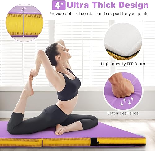 Miniatura 2 de Goplus Tapete de gimnasia plegable, de 4 x 4 x 4 pulgadas de grosor, doble plegable, con asas de transporte y cubierta de piel sintética, tapete de