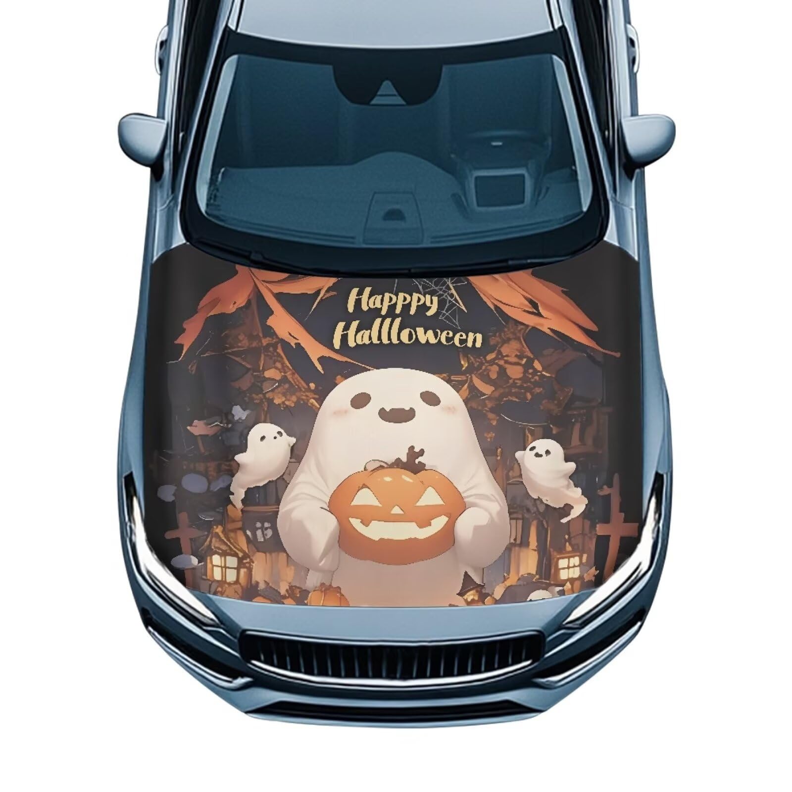 Cute Ghost Car Hood Cover All Weather Protection Auto Exterior Accessories Universal Fit Hood Covers for Cars, Trucks, SUV, or Van Full Coverage Halloween Decor