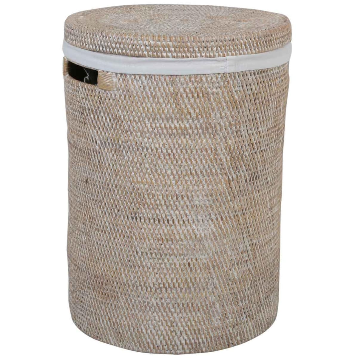 Wäschekorb Rattan Cleo Weiß Wäschsammler Wäschebox Aufbewahrung rund mit Deckel und Innensack Ø35 cm x Höhe 50 cm Größe L