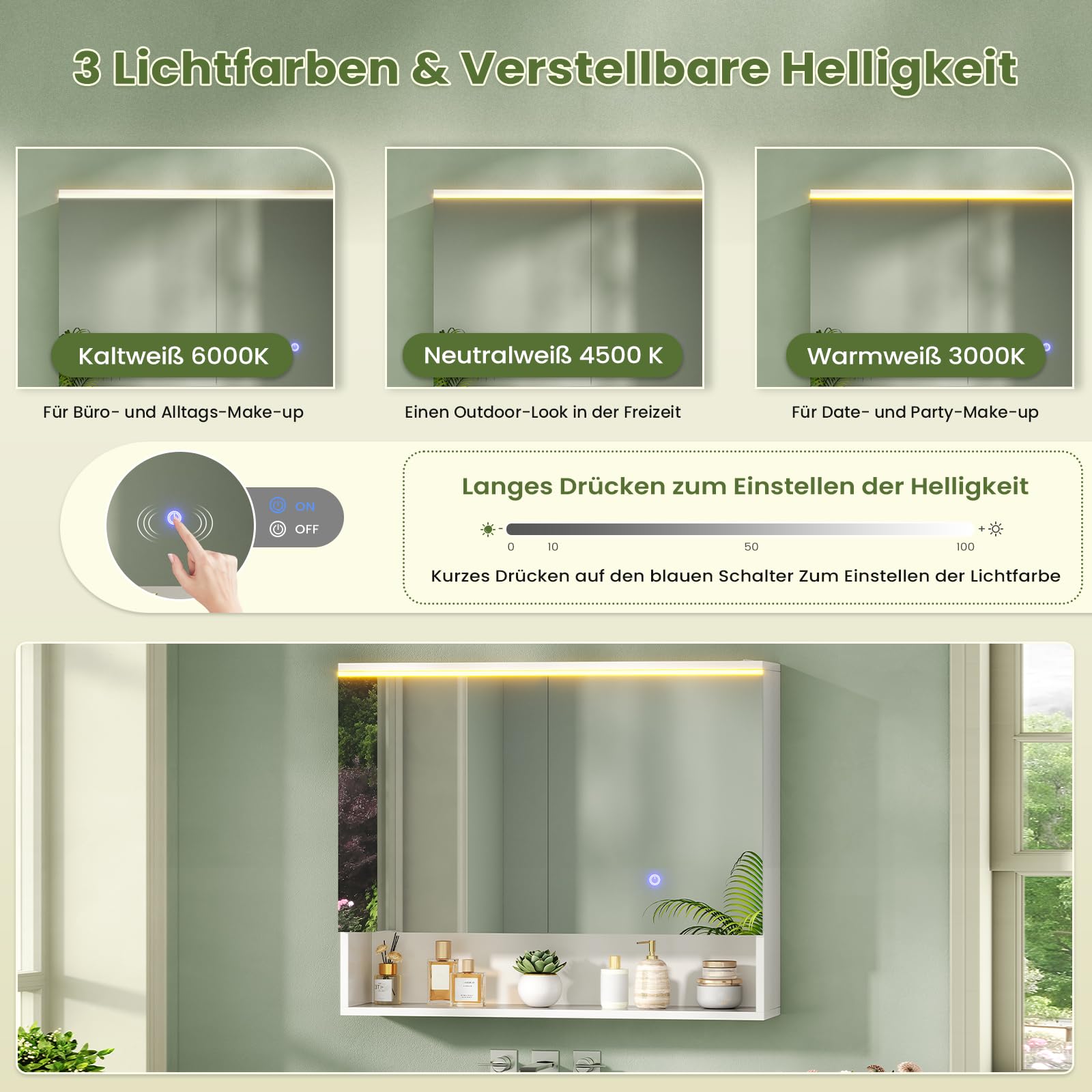 Spiegelschrank Bad mit LED-Beleuchtung und Steckdose 80 cm Breit | Doppeltür Badschrank mit HD Spiegel, Verstellbaren Ablagen, Offenes Regal, Badezimmerschrank, Wandschrank 80 x 19,5 x 75.5 cm