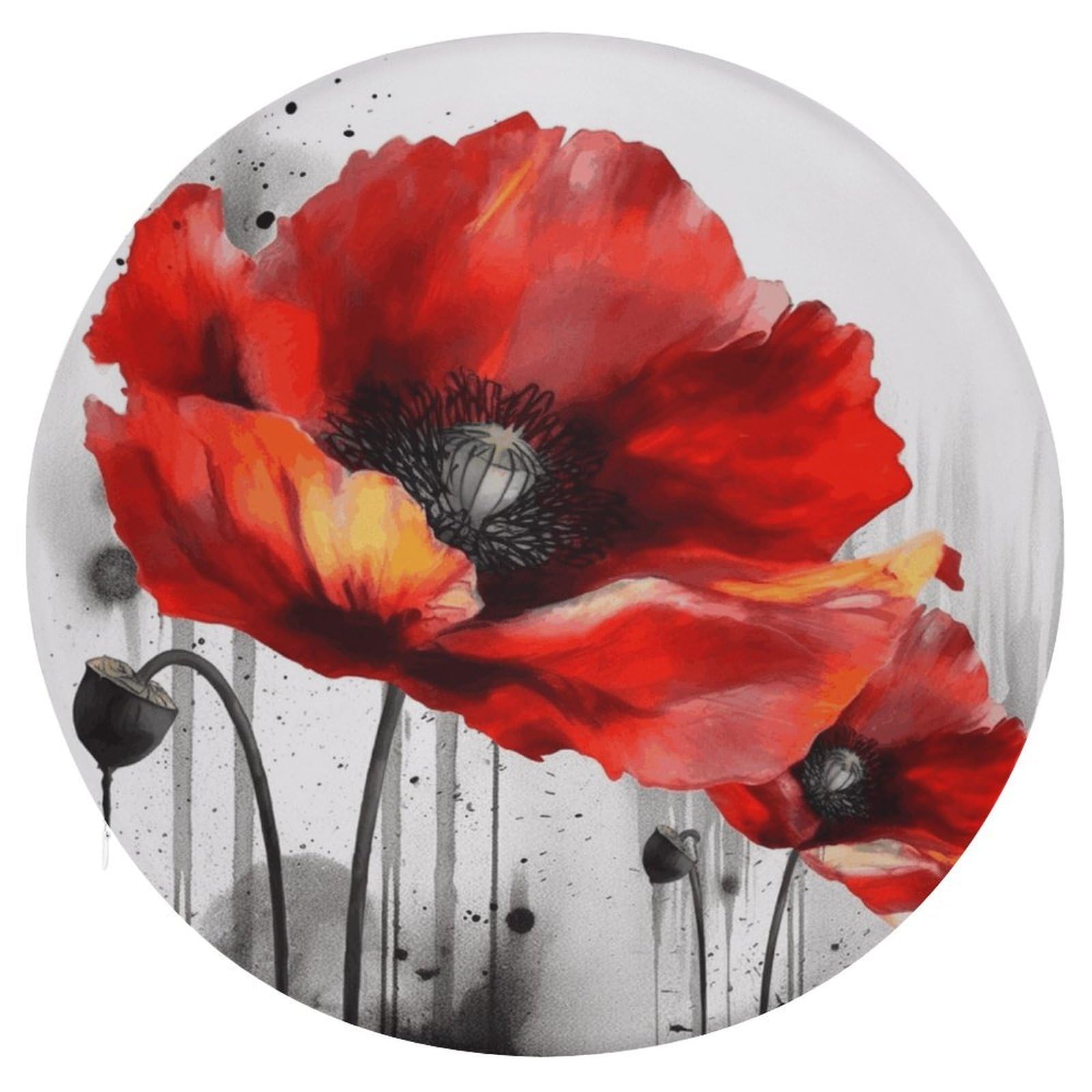 LZQPOEAS Beautiful Poppy Flower Ink Round Chair Cushion 15 Inch, Detachable Memory Foam Seat Cushion,Circle Stool Cushion, Soft Round Chair Pad with Removable Cover