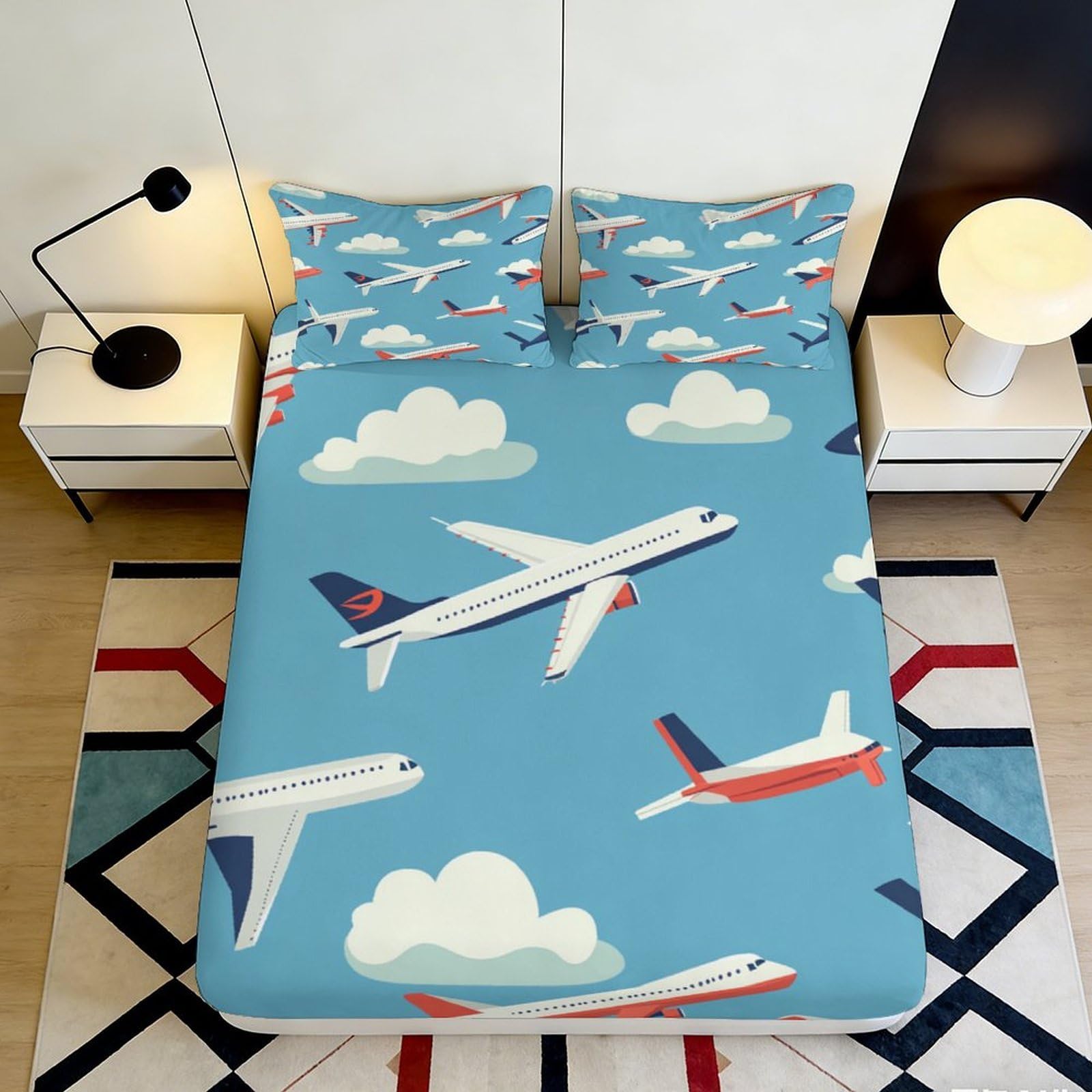 3D Printed Airplane Pattern Fitted Sheet Microfiber Soft Breathable Cloud Design Bed Cover for Bedroom Dormitory Guest Room Protection 180x200x25cm