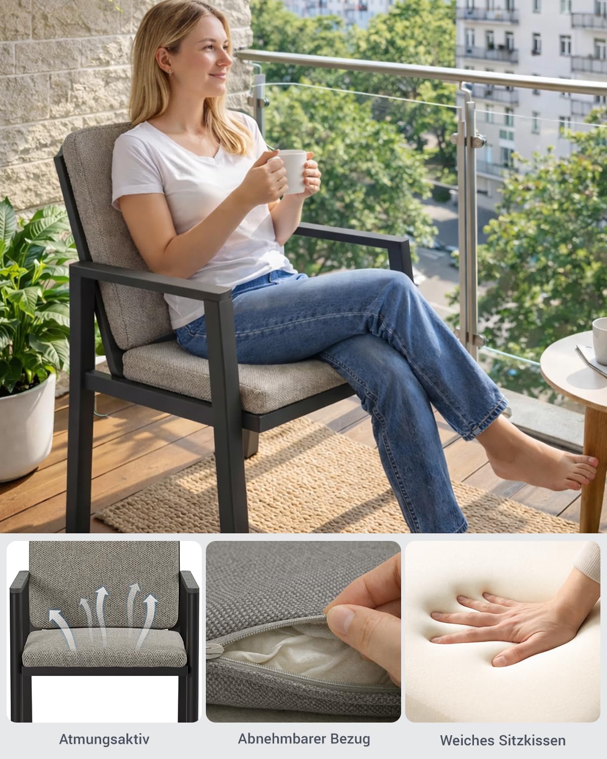 Atenza Gartenmöbel Set 7-teilig wetterfest, Tisch 150x80 cm, 6 Stühle | Aluminiumgestell, PS-Holzoptikplatte, Auflagen mit Haltebändern, verstellbare Füße, für Terrasse Garten Balkon