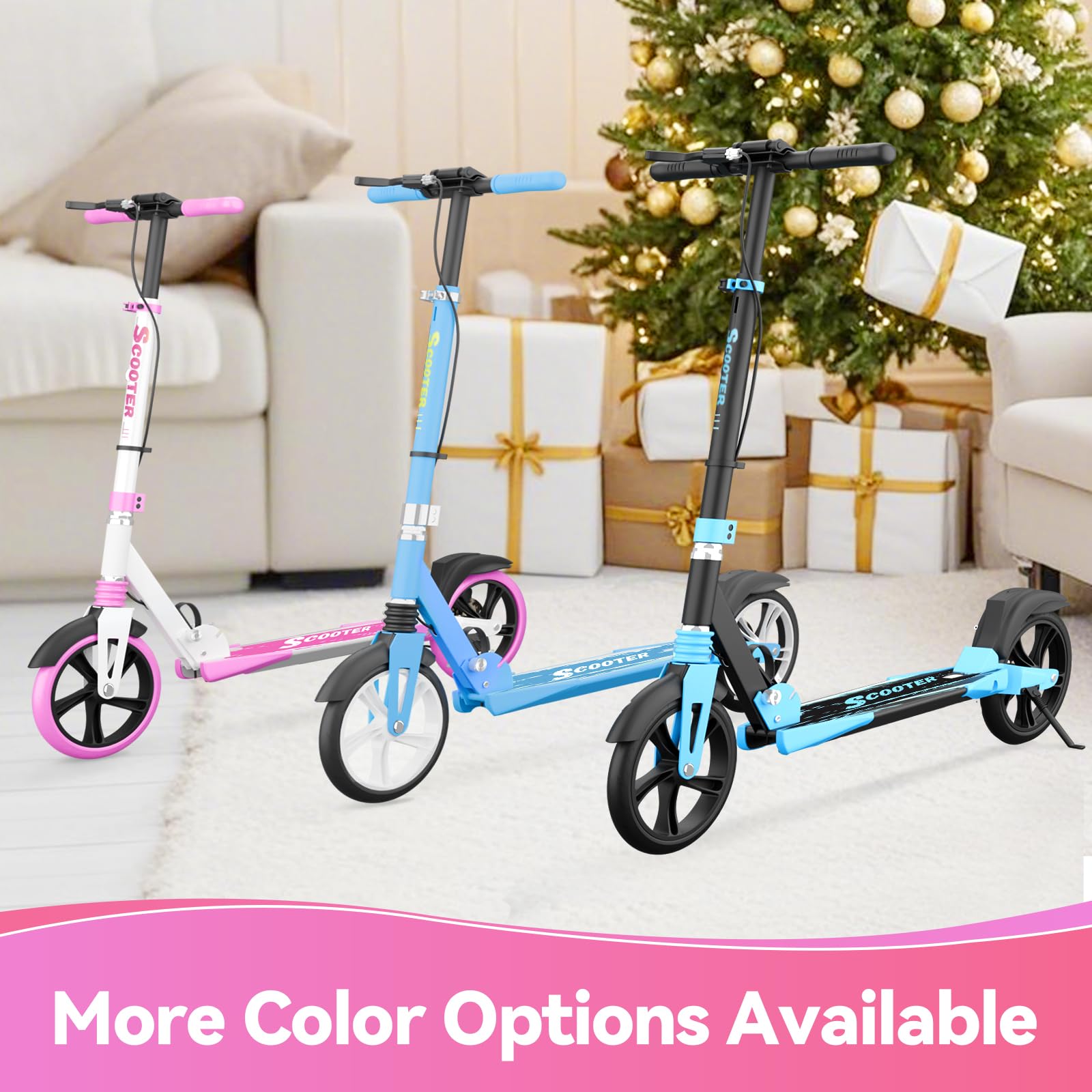 MEE GOO H007D Scooter con freno a disco, doppio ammortizzatore, ruote in PU da 200 mm, cuscinetti ABEC-7, scooter pieghevole per adulti 18+, tavola antiscivolo con rosa/bianco/blu