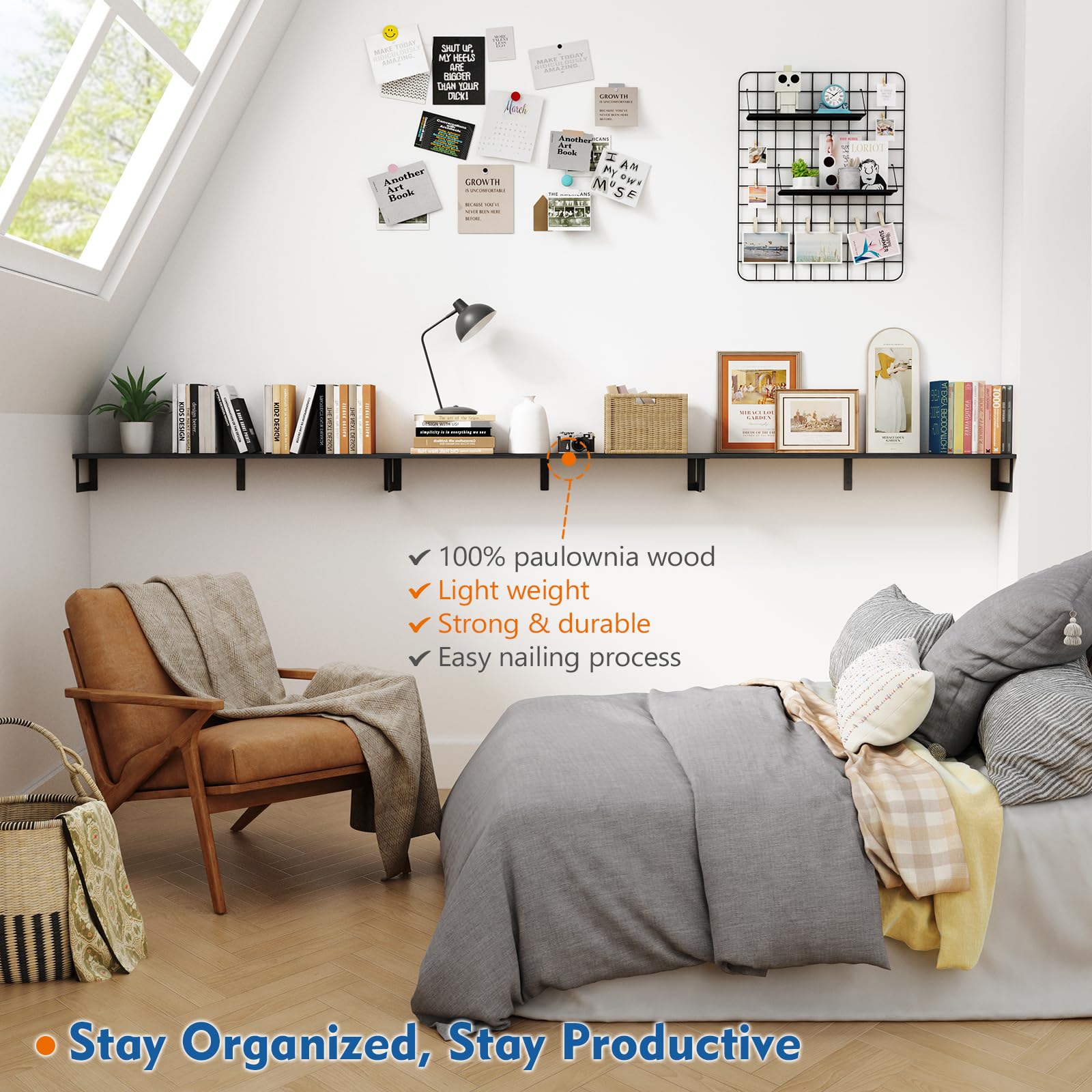 Harwaya Juego de 3 estantes flotantes grandes para libros de pared, estante de montaje en pared de 36 pulgadas de largo para dormitorio, estantería colgante de madera resistente para libros
