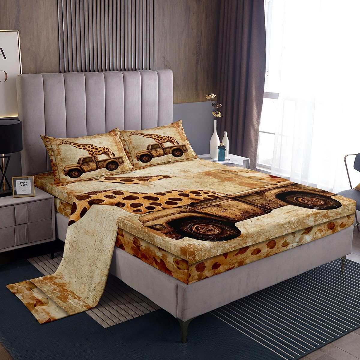 Manfei Giraffe Kids Sheet Queen Size Giraffe Skin Print Retro Truck Bedding Set Boys Girls Room Decor Wild