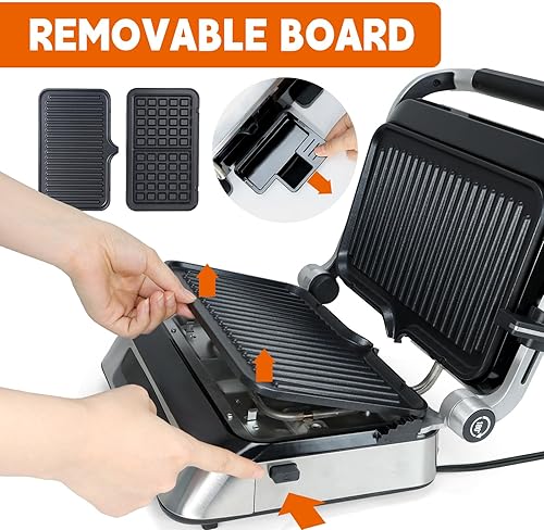 Miniatura 4 de Panini Waffle Maker Combo  Panini Grill Press Sandwichera, parrilla interior sin humo, 1600 W, apertura de 180, platos extraíbles, acero inoxidable,