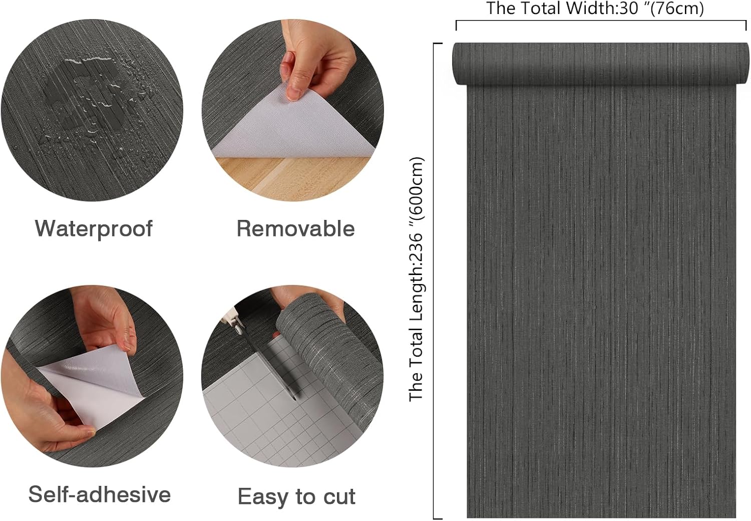 CHIHUT Extra Wide 30”x236” Dark Grey Grasscloth Peel and Stick Wallpaper Linen Fabric Seagrass Textured Contact Paper Self Adhesive Removable Wallpaper for Bedroom Bathroom Living Room Wall Covering