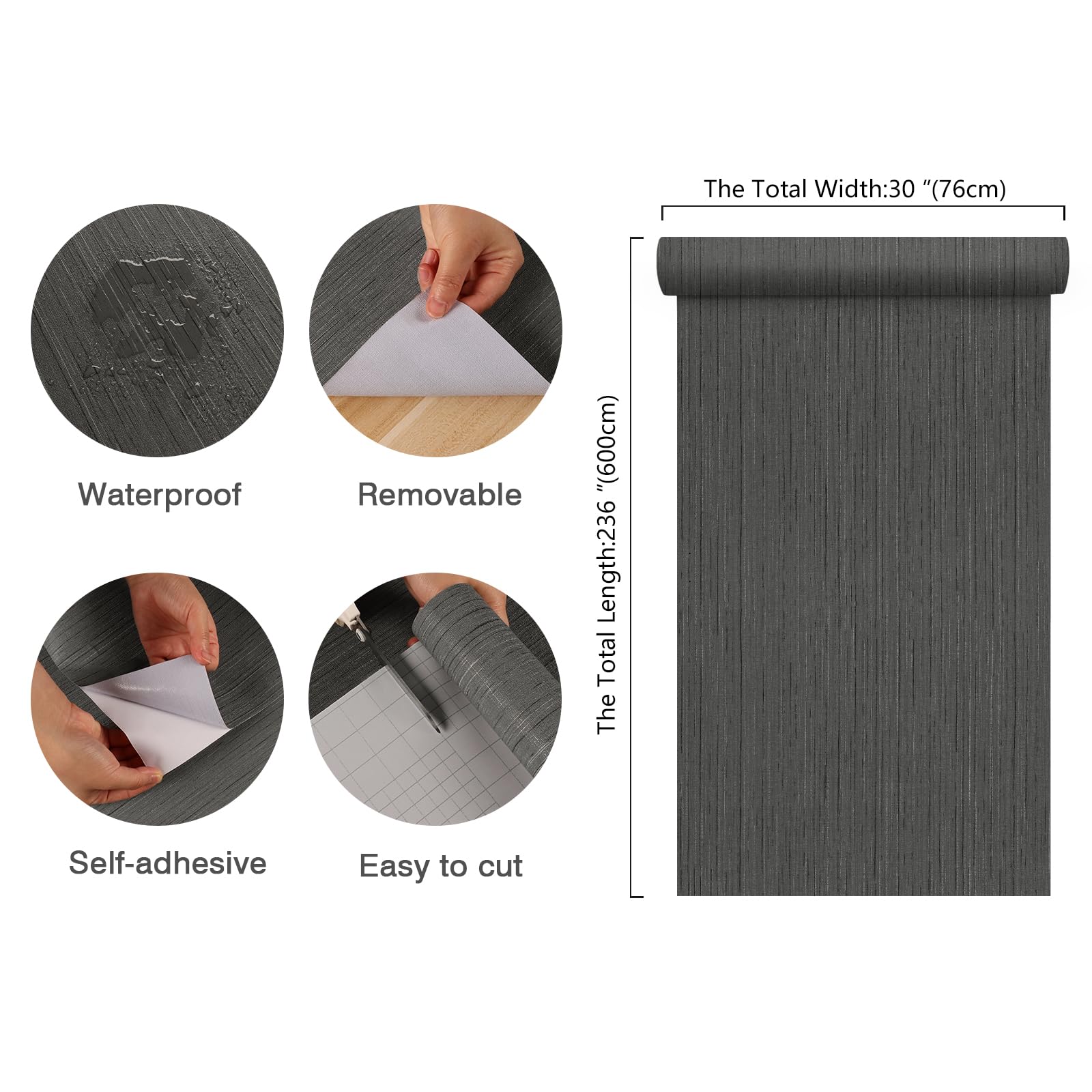 CHIHUT 30''x236'' Wide Size Dark Gray Grasscloth Peel and Stick