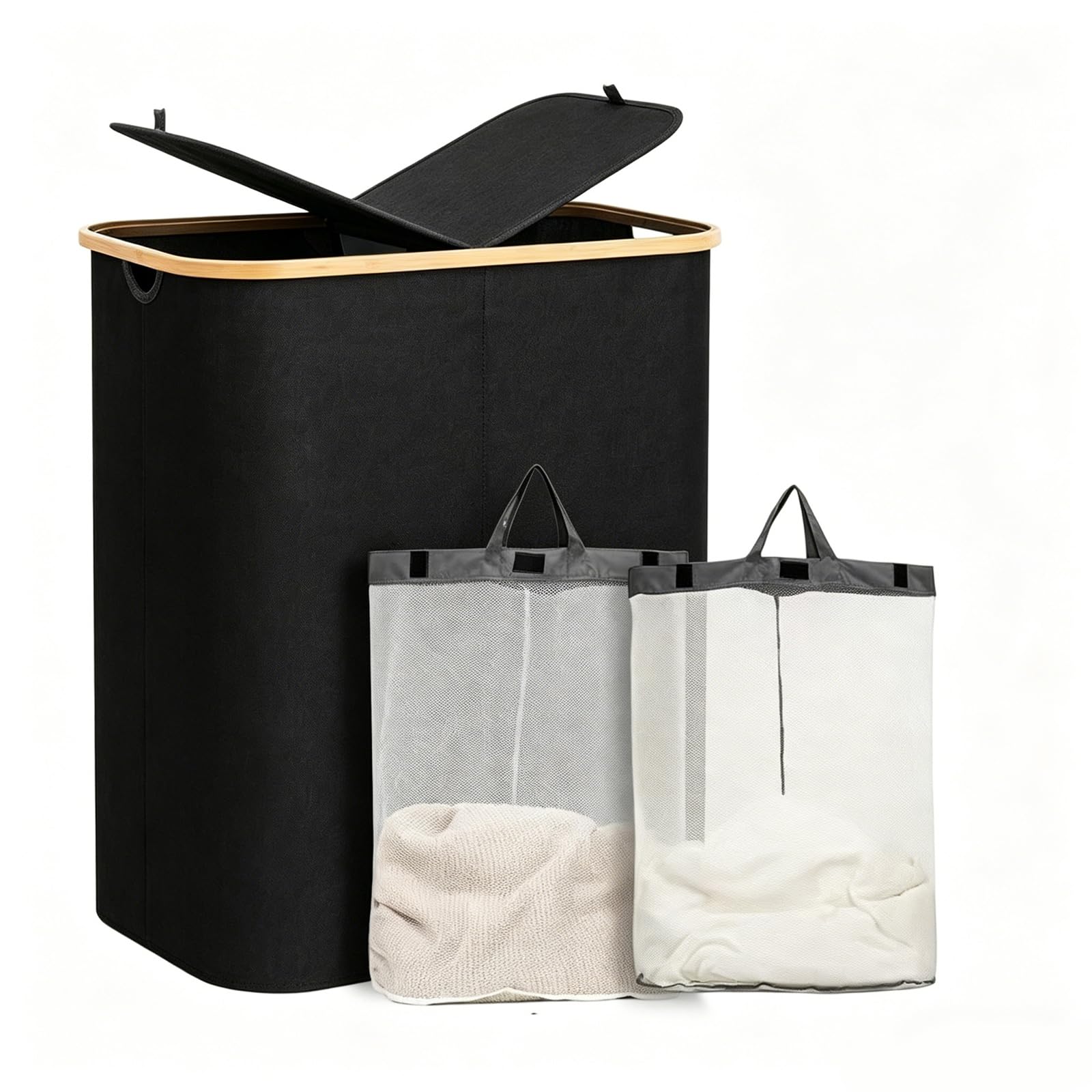 150L Laundry Basket with Lid, 2 Compartment Foldable Laundry Hamper, Extra-Large Clothing Sorting Bin with Lid, Washing Basket for Separating Clothes in Bathrooms, Bedrooms, and Laundry Rooms (Black)