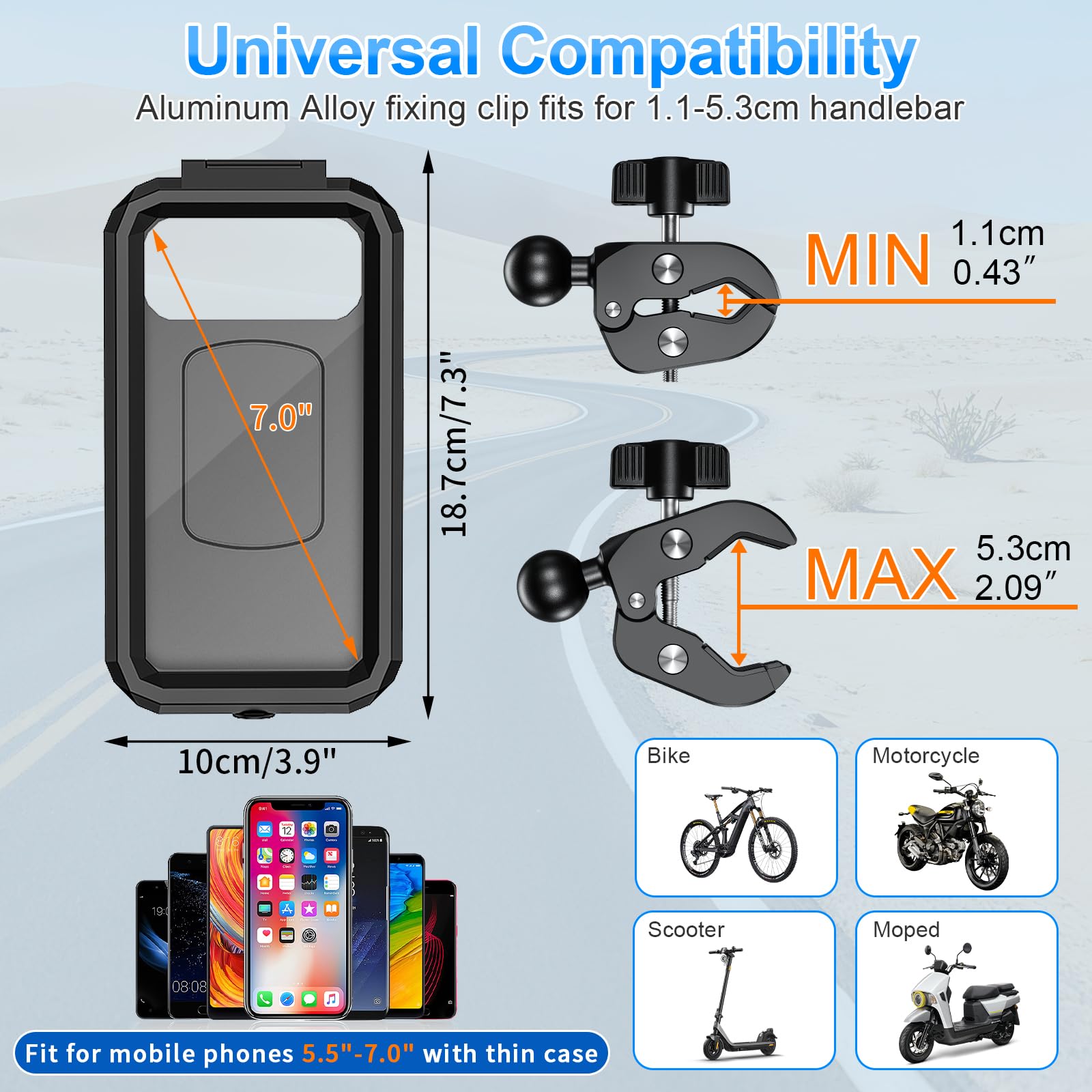 Supporto Telefono Moto Impermeabile Porta Cellulare Bici con 720° Girevole Braccio Estensione Metallo Porta Cellulare Moto Manubrio Scooter Touch Screen per 5.5"-7.0" Smartphone (Nero)