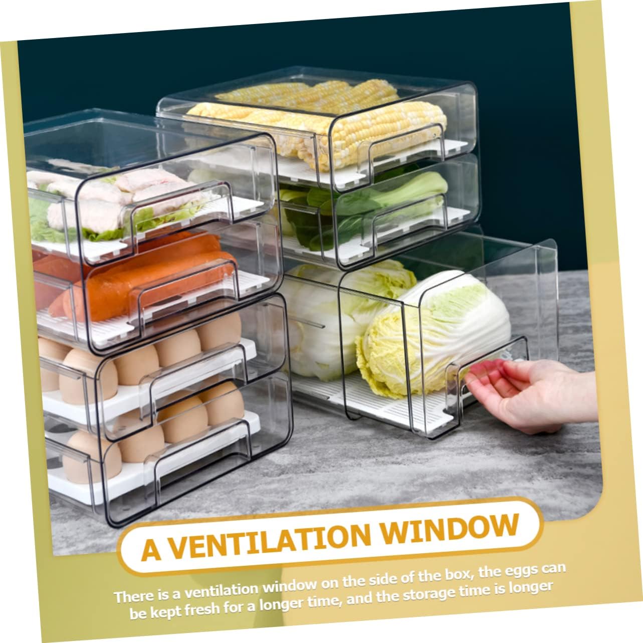 Refrigerator Organizer Bin Double Layer Design Compartment Storage Drawer for Freshness Sturdy Holder for Fridge and Kitchen Use