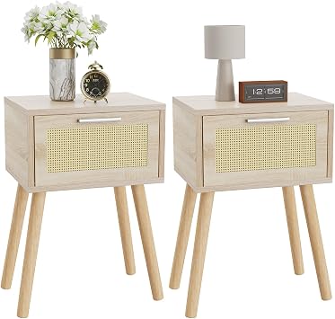 YMYNY Nightstand Set of 2, End Table, Small Bedside Table, Handmade Rattan Decorated Drawer, Solid Wood Legs, 35 27 53cm, Modern Side Table for Bedroom, Living Room, Natural HST010N-2