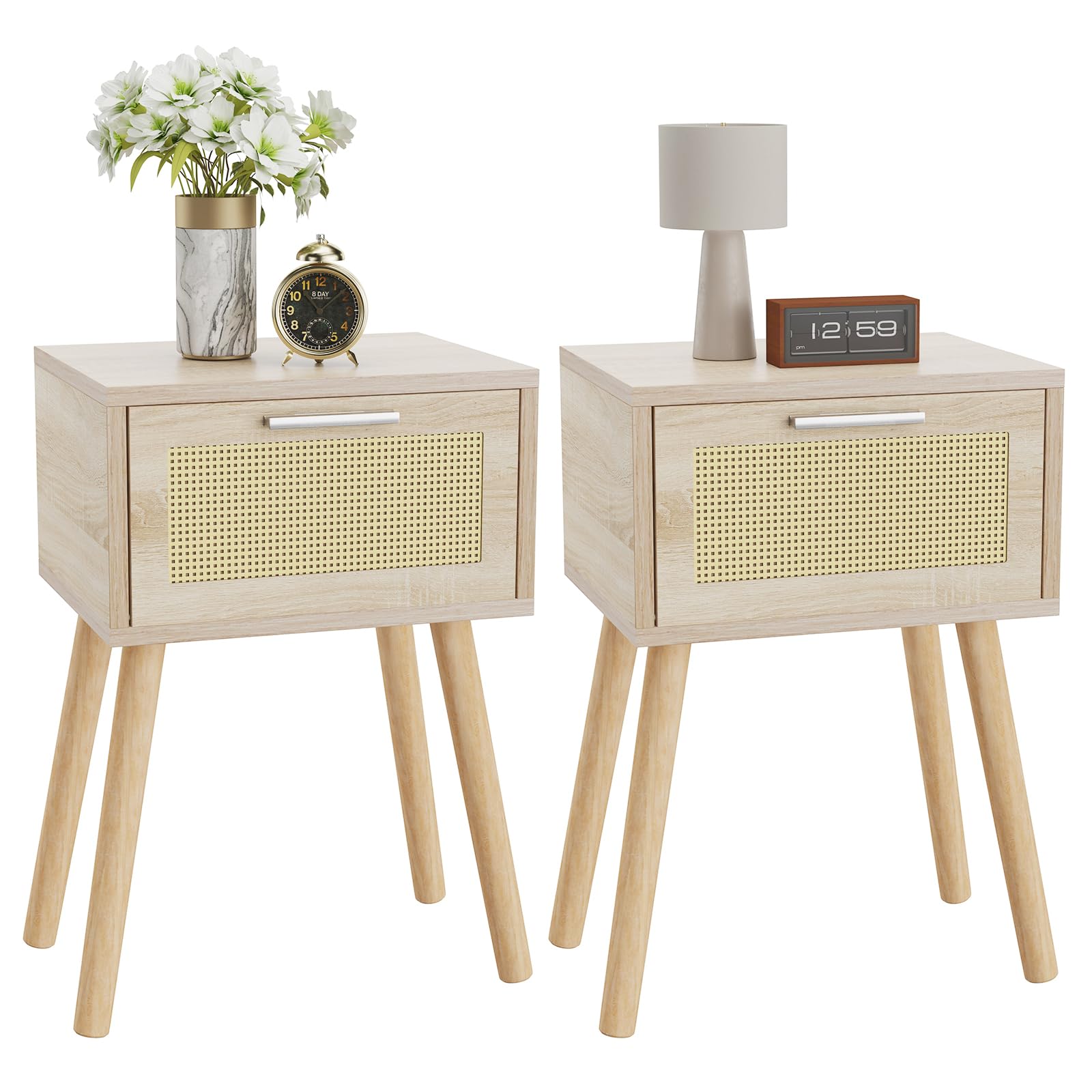 Set Di 2 Comodini In Rattan E MDF - Cassetto E Ripiano Aperto, Stile Bohémien Per Camera Da Letto E Soggiorno, Colore Nero