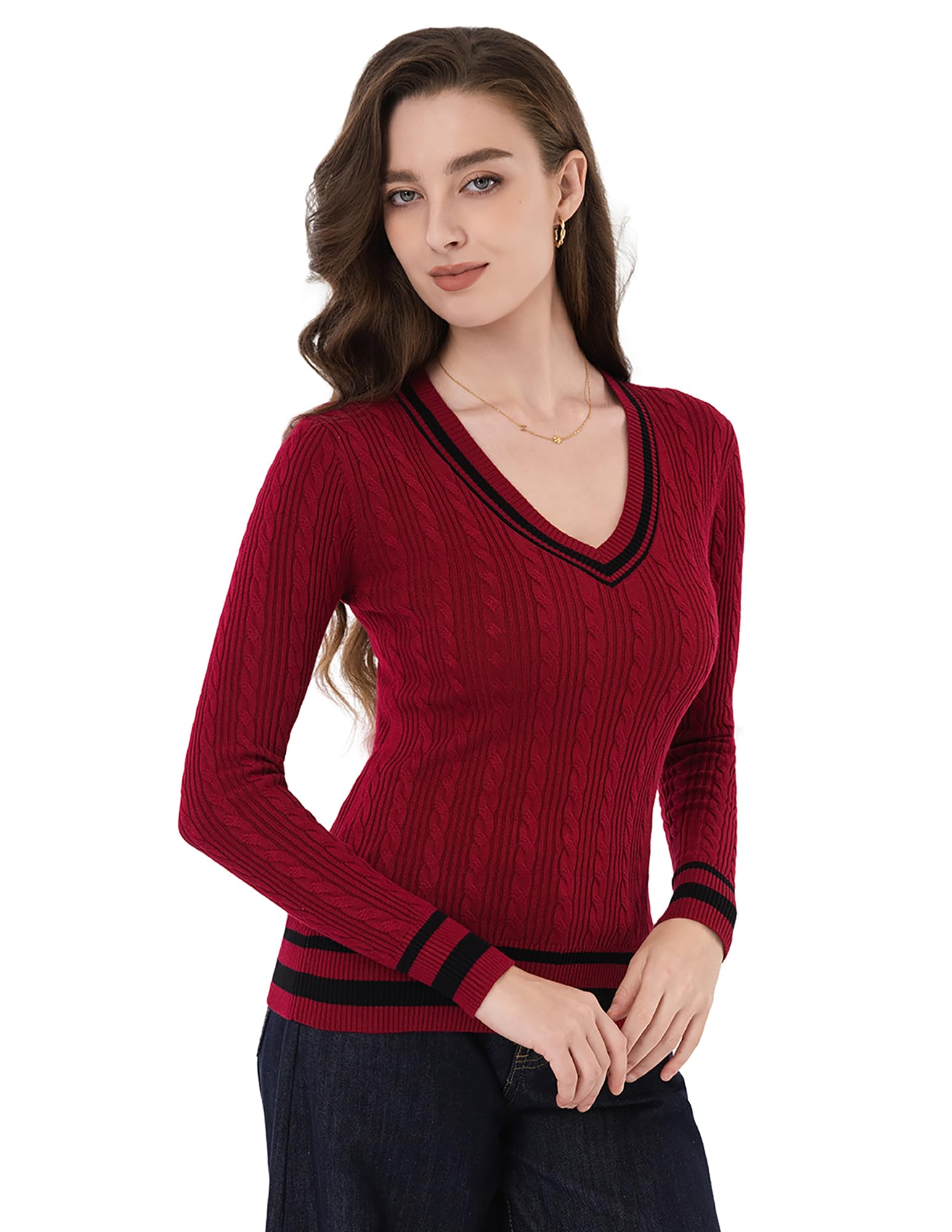 Am lieBoutik Women Casual V Neck Long Sleeve Preppy Sweater Trendy Striped Cable Knit Blouse Tops