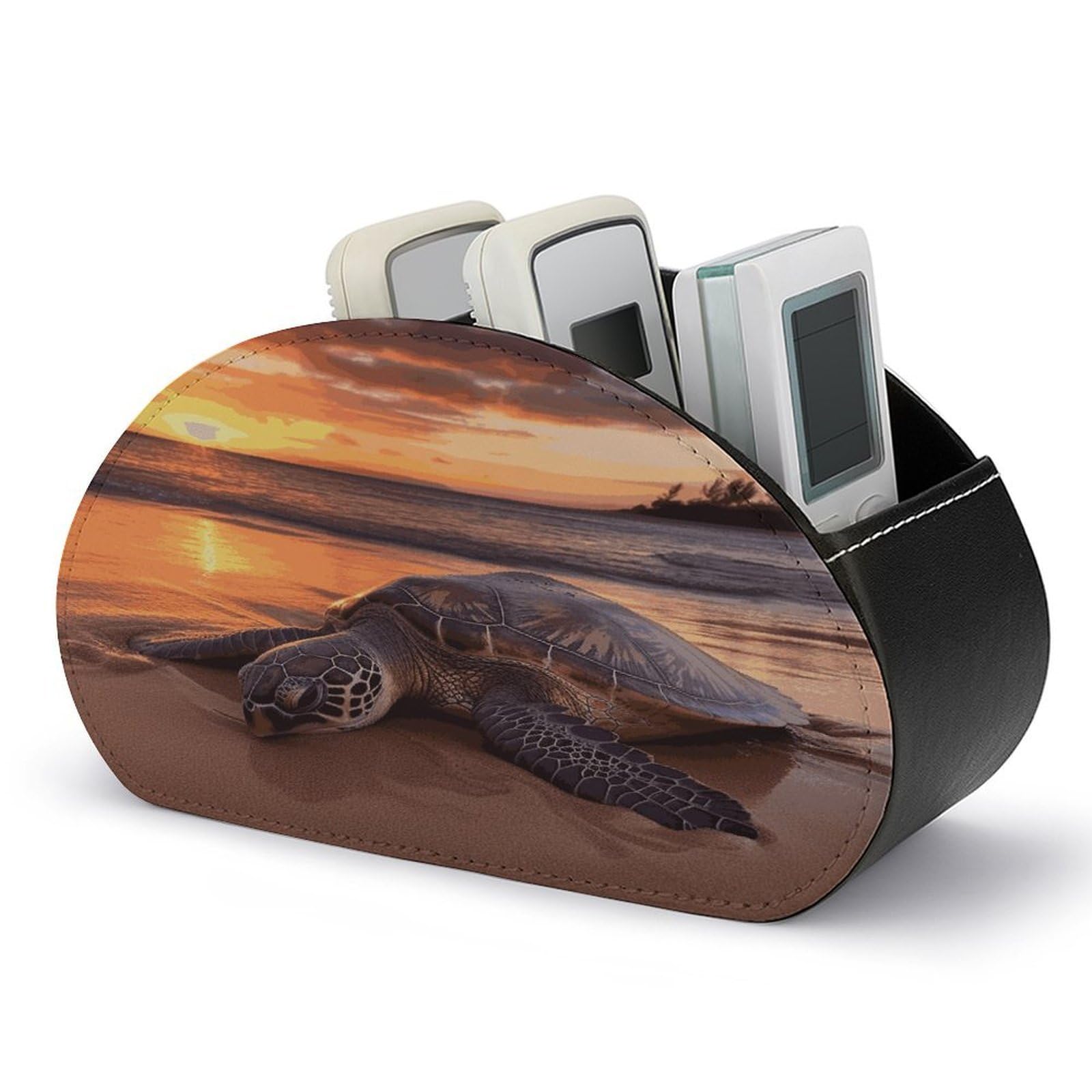FekiLoot Sea Turtle Sunset TV Remote Control Holder with 5 Compartments Multi-functional Leather Bedside Table Remote Caddy Desktop Storage Box for Store Pen Controller Media Player Cosmetic