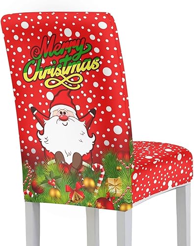 Miniatura 4 de Rnyleeg Juego de 2 fundas elásticas para sillas de comedor, diseño de lunares rojos de Papá Noel, fundas protectoras para sillas de comedor para el