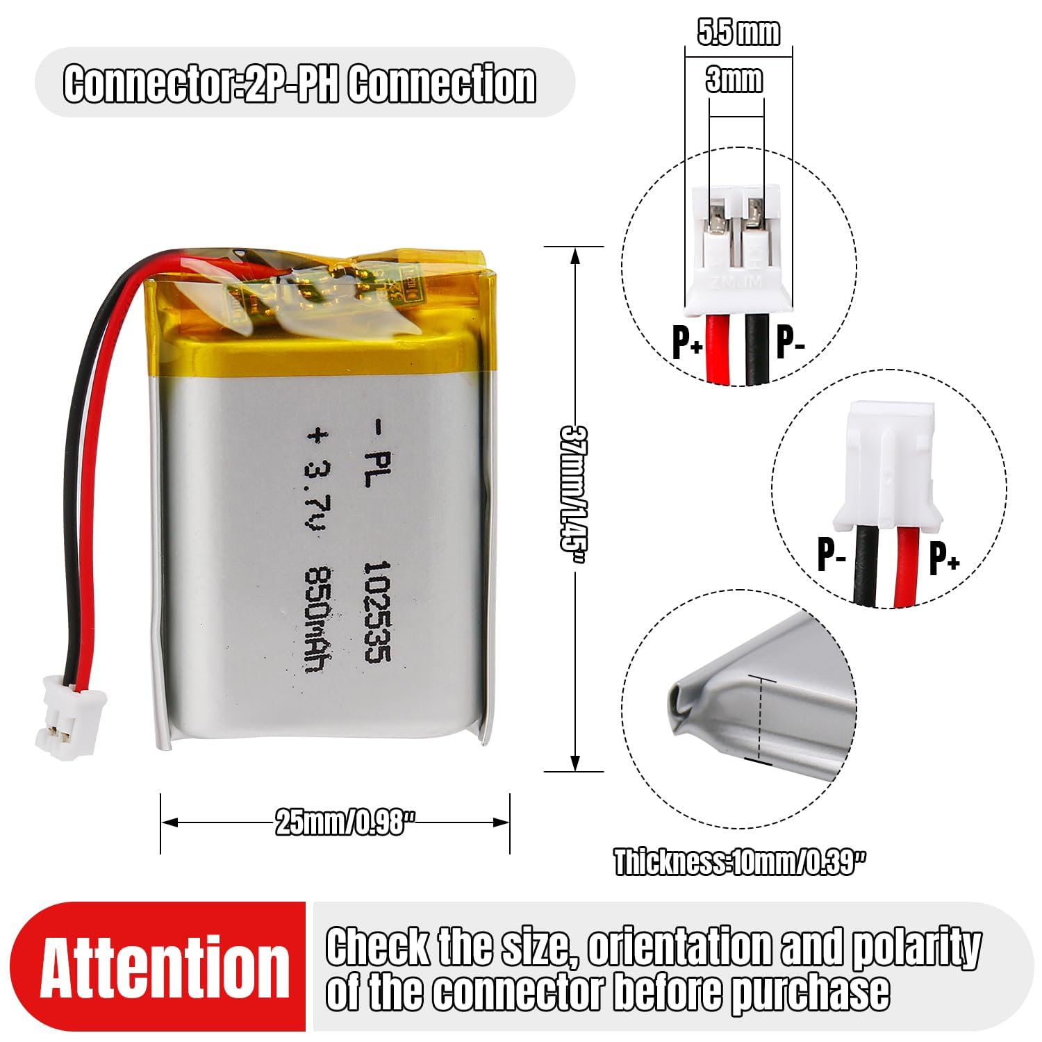3.7V Lipo battery, 3.7V 850mAh 102535 Lithium polymer ions with 2P-PH connection with 2.0 mm Grid dimension — view 4
