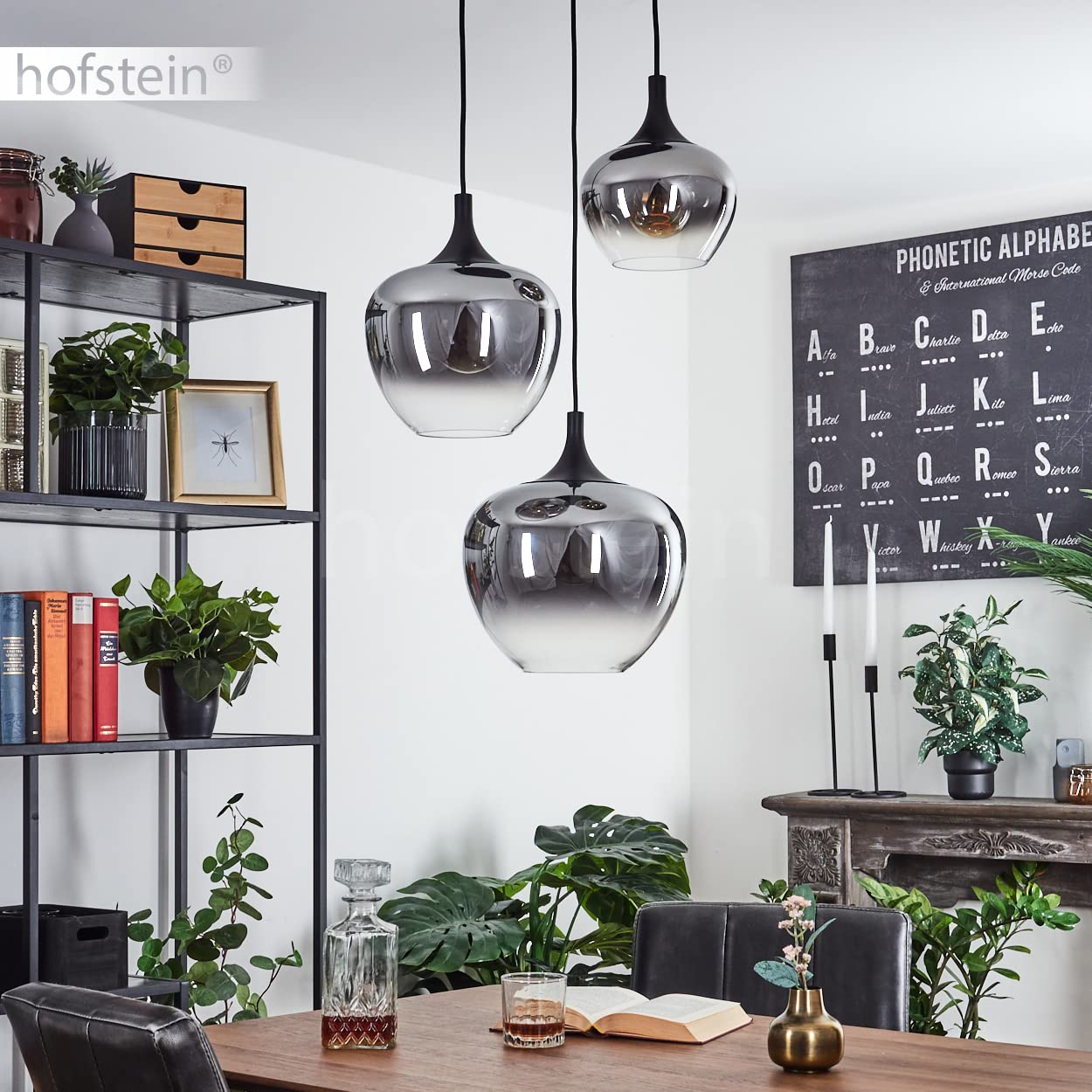 HOFSTEIN Hängeleuchte Azurara, Hängelampe aus Metall/Glas in Schwarz/Rauchfarben/Klar, Leuchte im Modernen Design, 3-flammig, Höhe max. 120 cm, 3 x E27, ohne Leuchtmittel