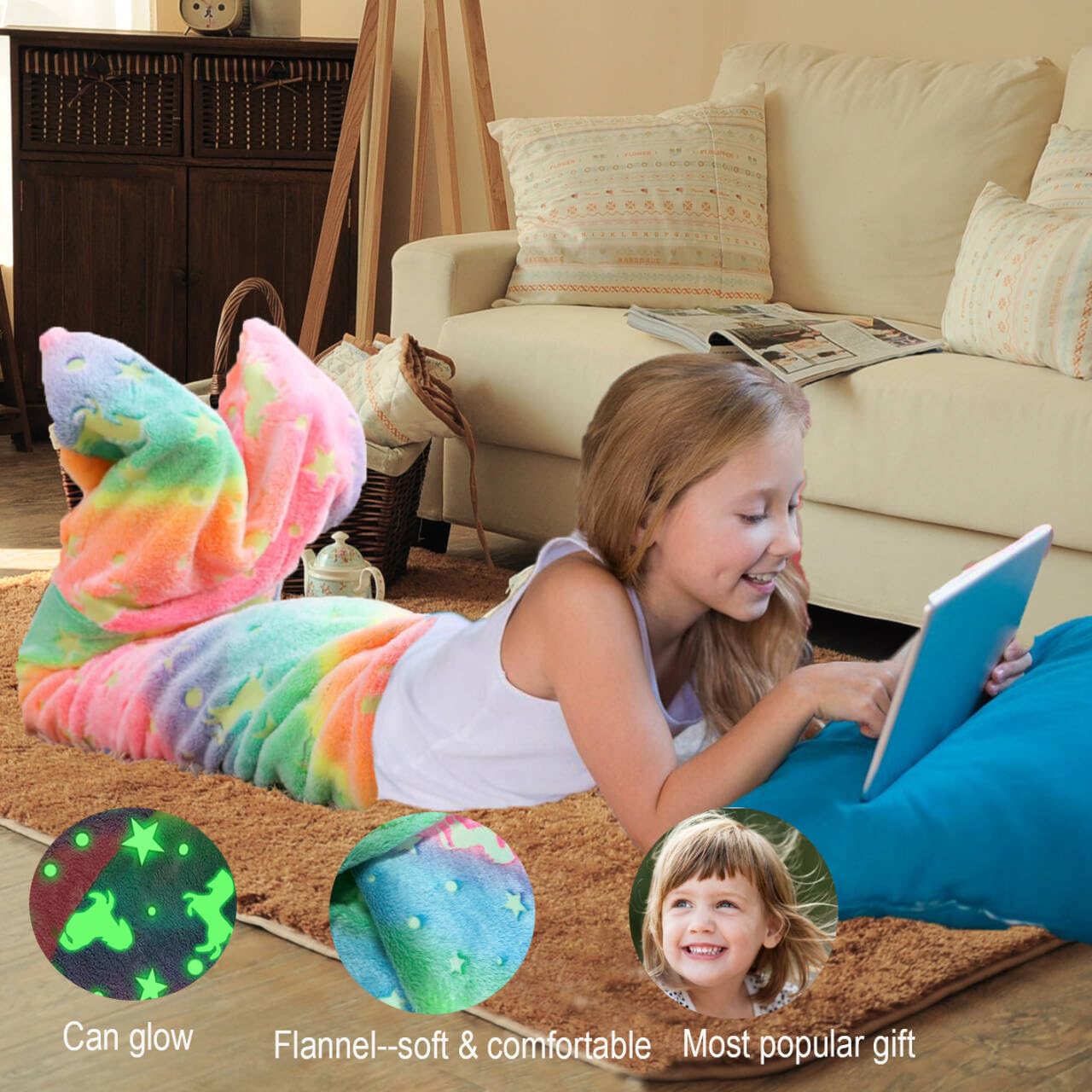 sanvpwsan Mermaid Tail Blanket for Kids Glow in The Dark Mermaid Blanket Tail for Girls Wearable Soft Flannel Fleece Sleeping Bag Blankets - Image 2