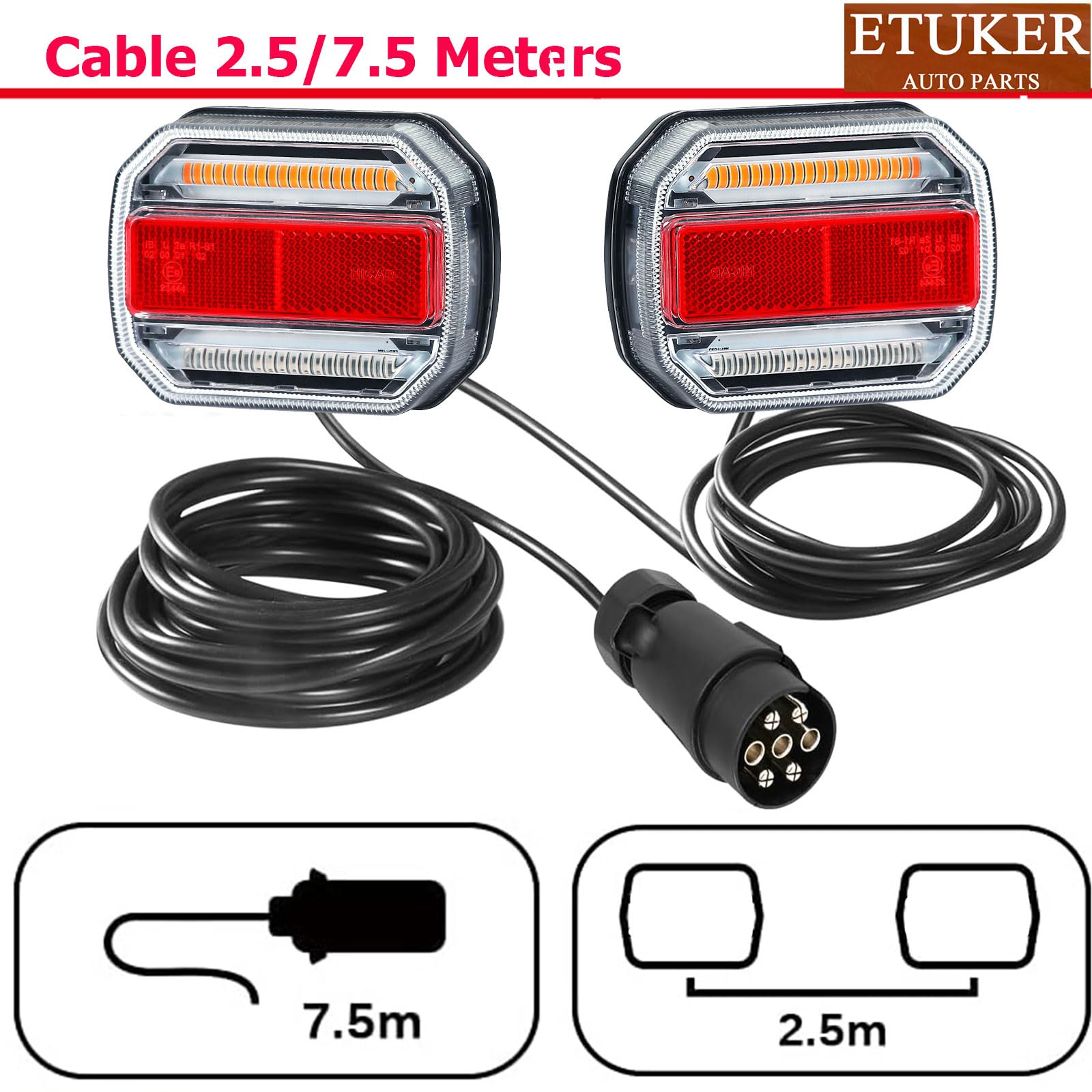 Led Anhänger Rückleuchten 7 Polig mit Magneten 12V 24V Verkabel 7,5m Kabel und Stecker Inkl. Anhänger Adapter 13 Polig Auf 7 Polig,Anänger Beleuchtung Ruecklicht Led Magnet