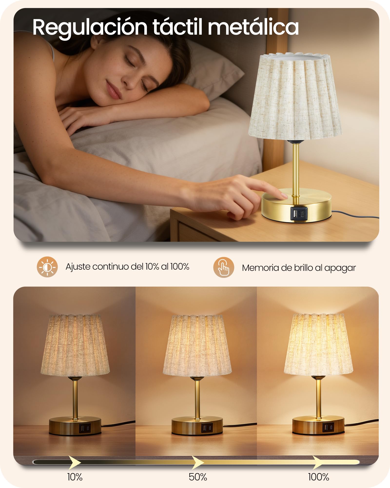 Lámpara de Mesa Táctil Ajustable, Juego de 2, con Puertos de Carga USB A y Type C, Luz LED Ajustable, Regulación Continua del 10% al 100%, Base E27, para Mesita de Noche, Dormitorio