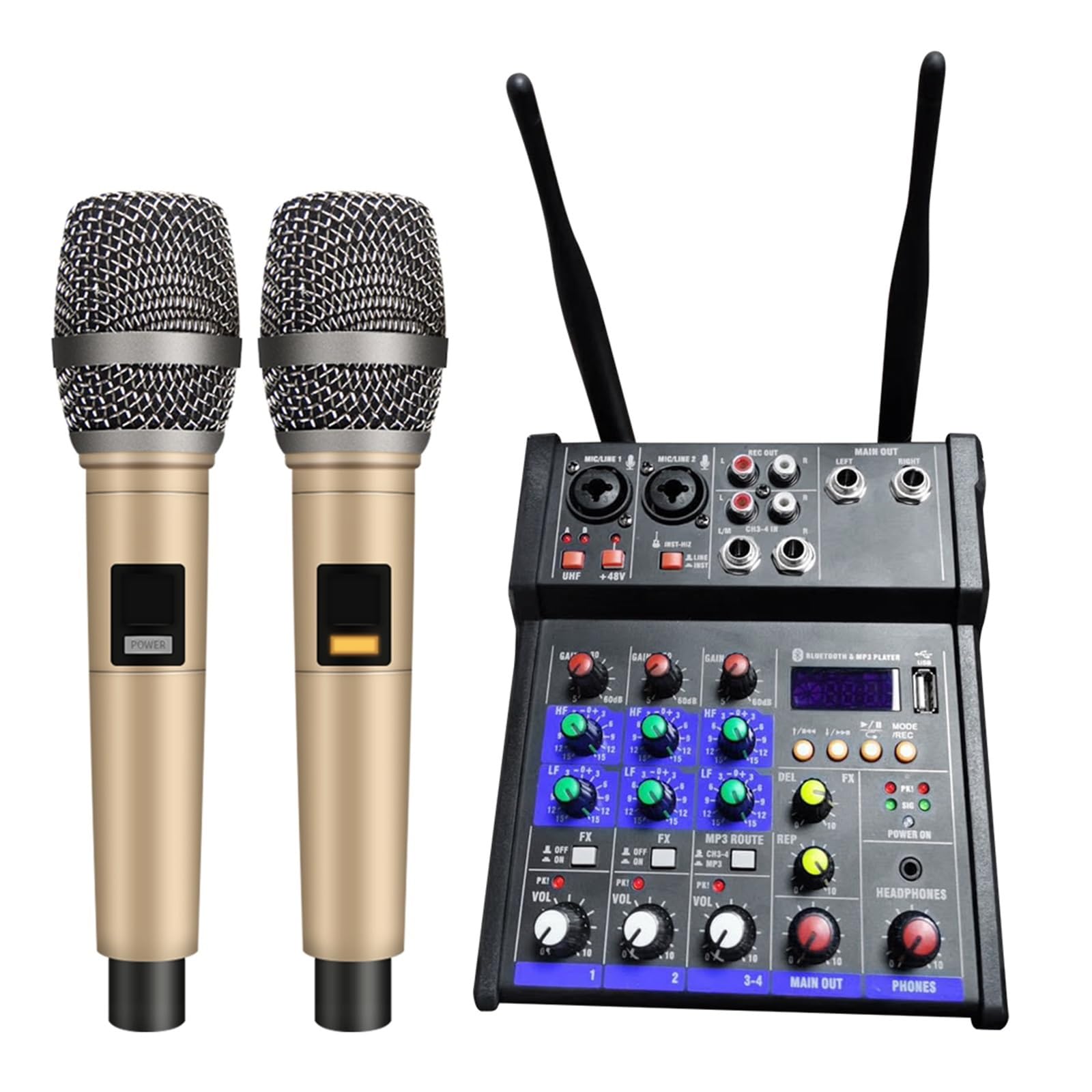 Kit Scheda Audio Mixer A 4 Canali con Microfono Wireless per Computer Dj Mixing Console Interfaccia Scheda Audio Phantom Power Studio Setup per La Registrazione,