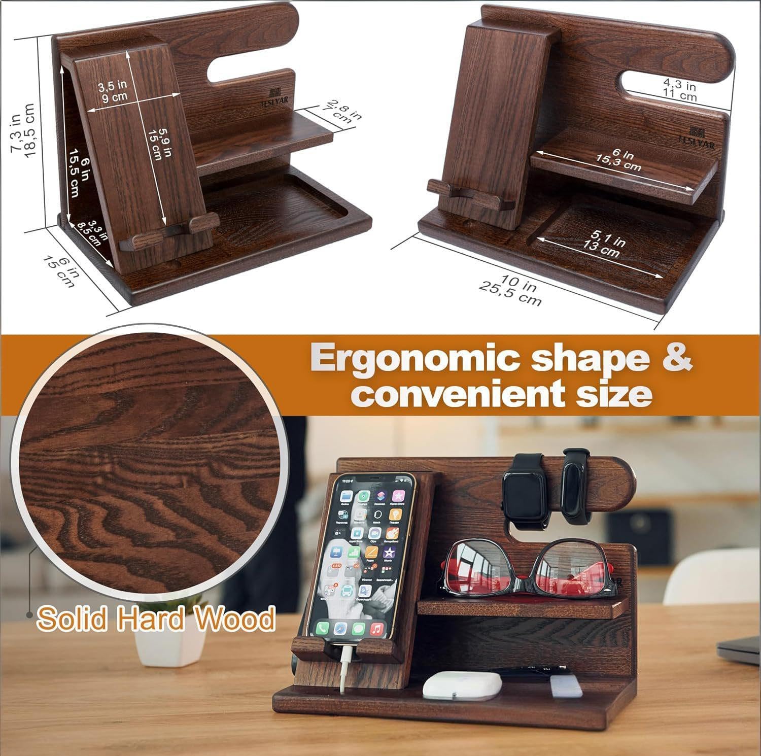 Wood Phone Docking Station, 5-in-1 Desktop Organizer for Phone, Watch, Keys, Glasses & Office Supplies, Birthday Gifts for Men, Dad Bedside Nightstand Organizer for Home/Office/Bedroom.(Brown)