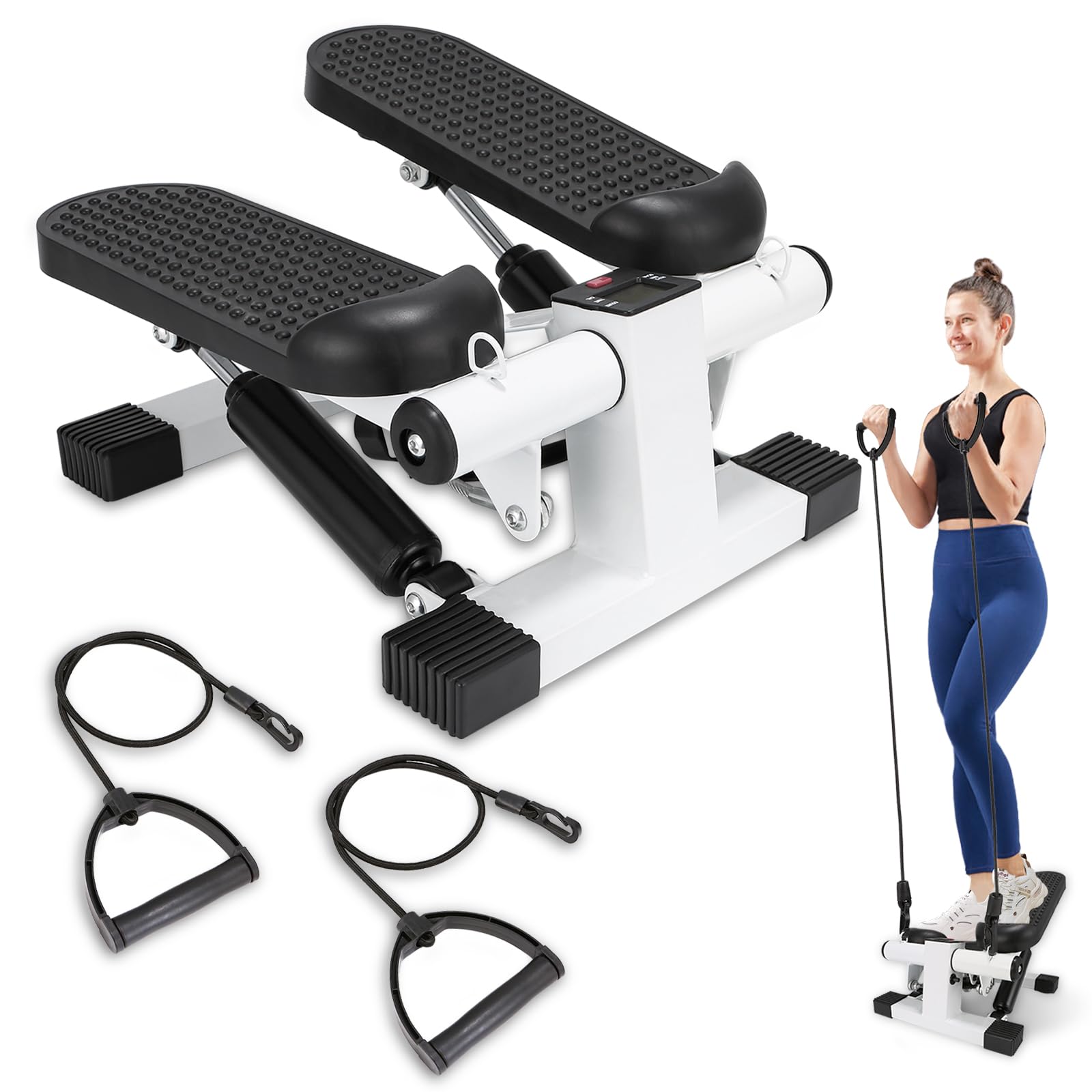 Mini Stepper for Home Exercise, Portable Stair Stepper with LCD Monitor and Resistance Bands, 260lbs Weight Capacity, Twist Stepper for Full Body