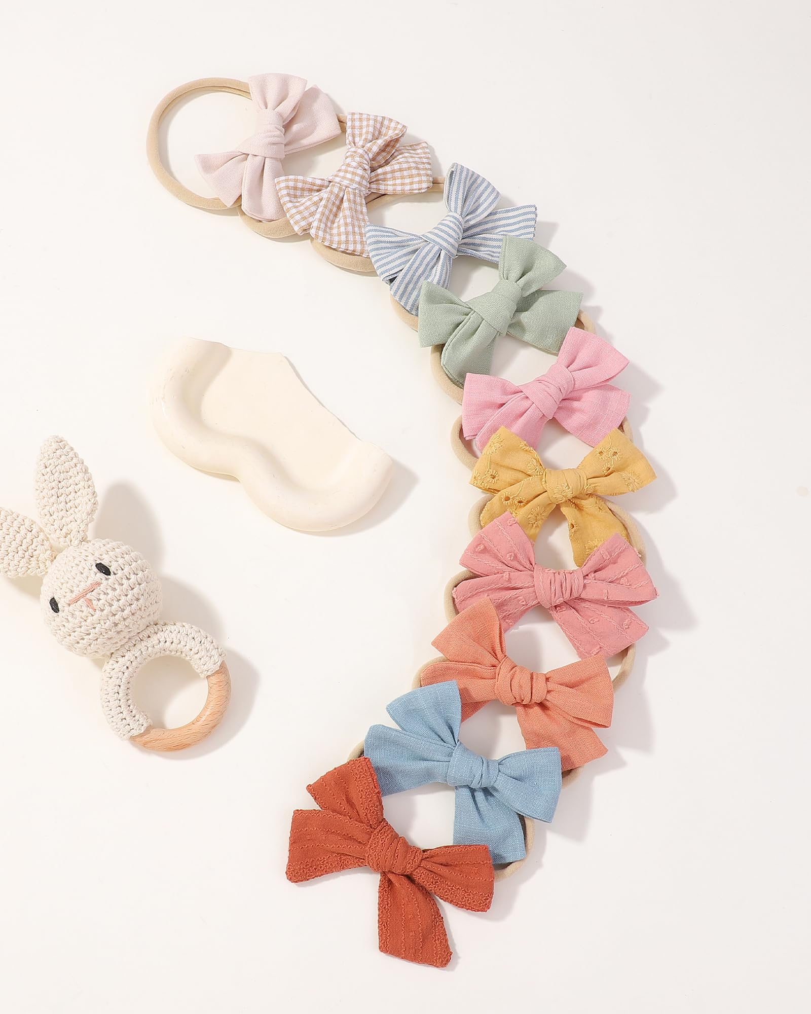 10PCS Baby Girls Headbands Hair Bows Nylon Cotton Linen Hairbands Handmade Hair Accessories for Newborn Infant Toddlers Little Girl and Kids 3.5Inches - Image 4
