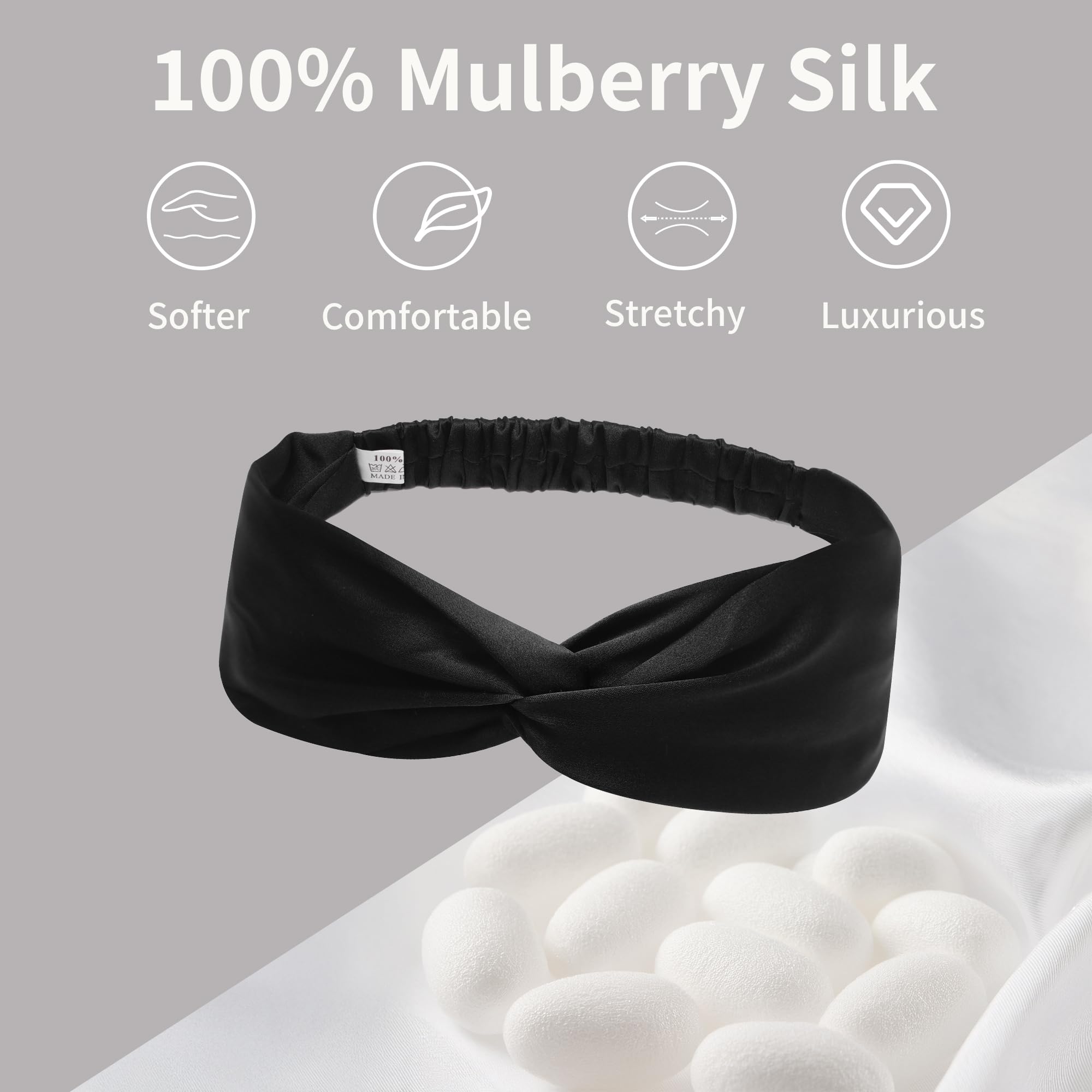 ZLYC Mulberry Silk Headband Elastic Twist Knotted Head Bands for Women's Hair(Solid Black),One Size - Image 2