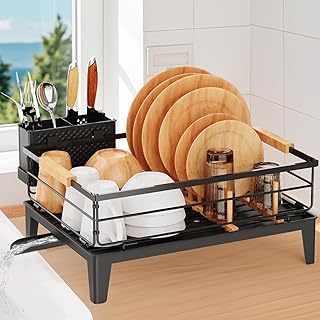 JYPS Dish Drying Rack for Kitchen Counter Decor with Drainboard Auto-Drain，Rustproof Dish Rack Drainers with Utensil Holder, Wooden Handles，360° Rotatable Drainer, Higher Legs (Black)
