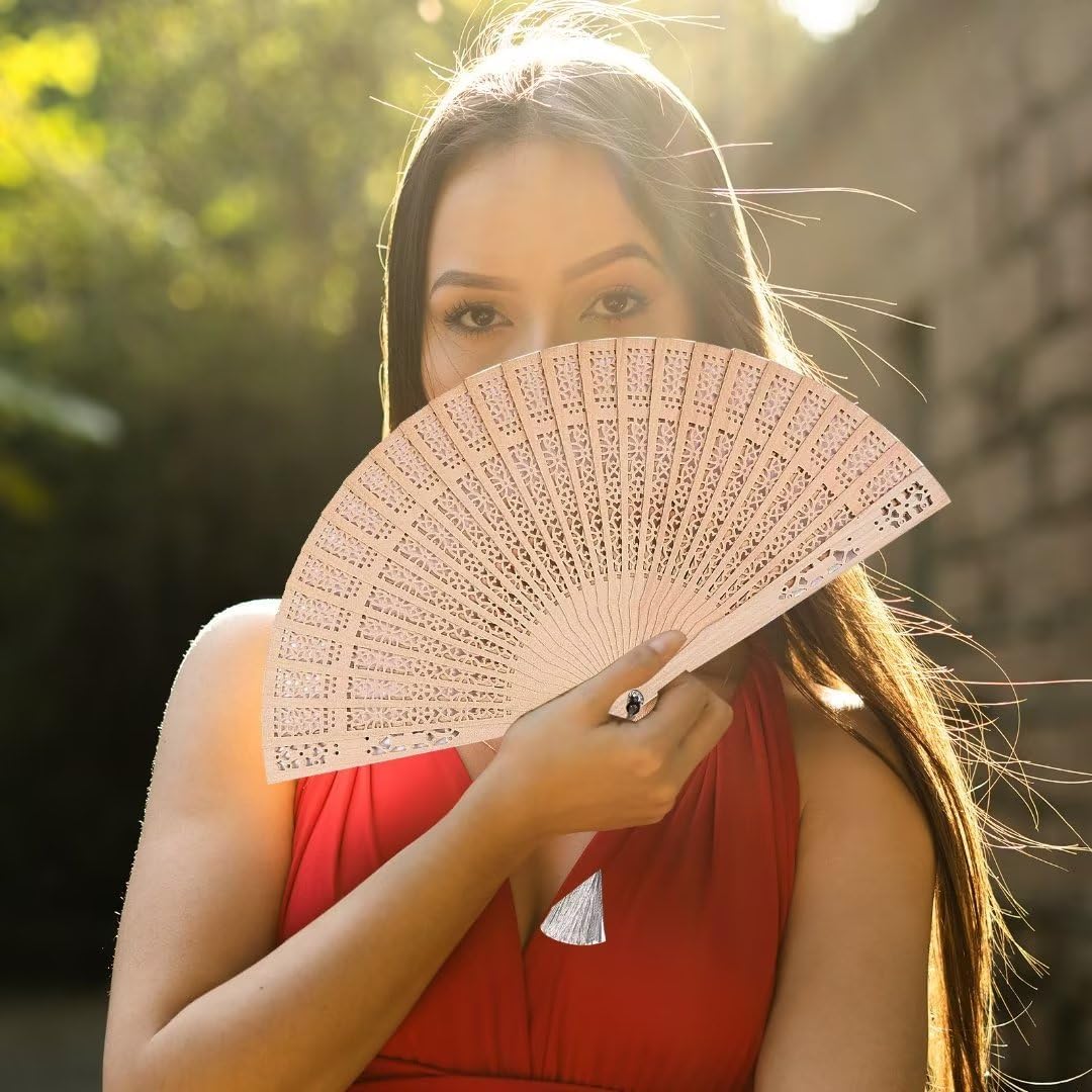 3 PCS Wooden Folding Fans Handheld Vintage Wood Hand Fan Foldable Chinese Sandalwood Fans with Tassels for Women Wedding Favors Baby Shower Party Gift