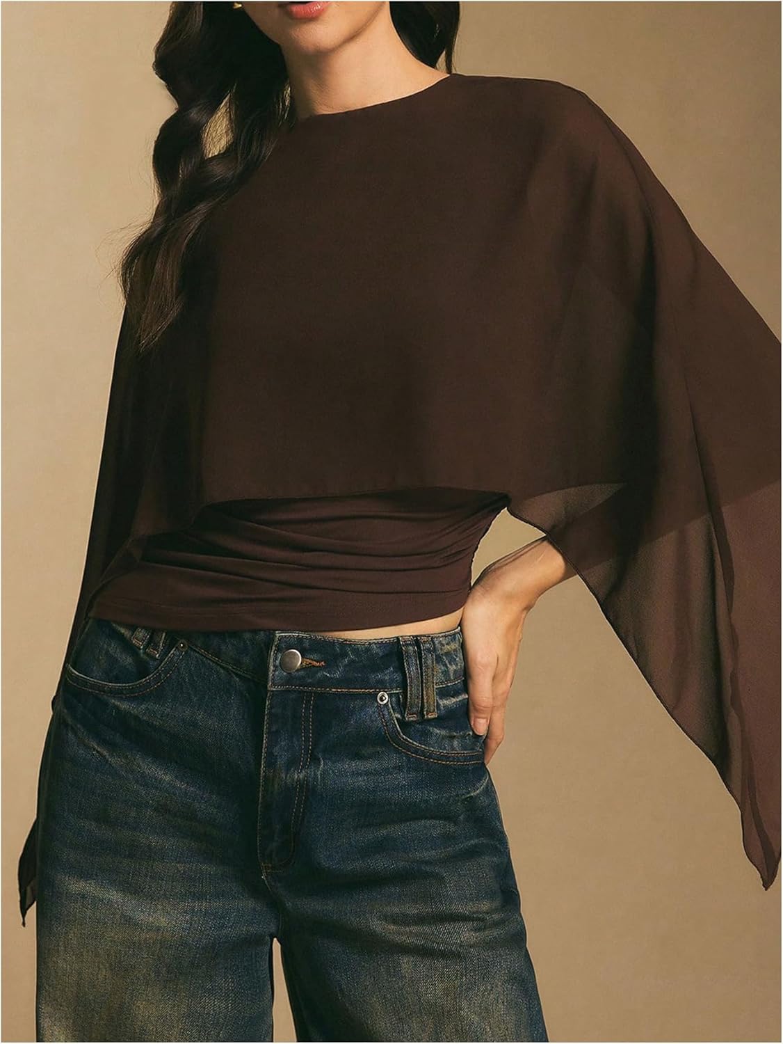 MAKEMECHIC Women's Ruched Poncho Cape Top Asymmetrical Fitted Going Out Tops - Image 4