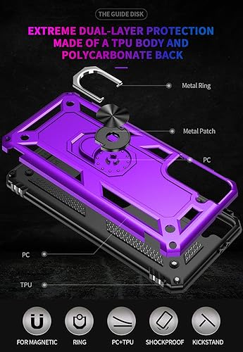 Miniatura 7 de Androgate Funda de teléfono con soporte de anillo de metal para Samsung Galaxy S21 FE 5G, color morado, protección de grado militar, protectores de
