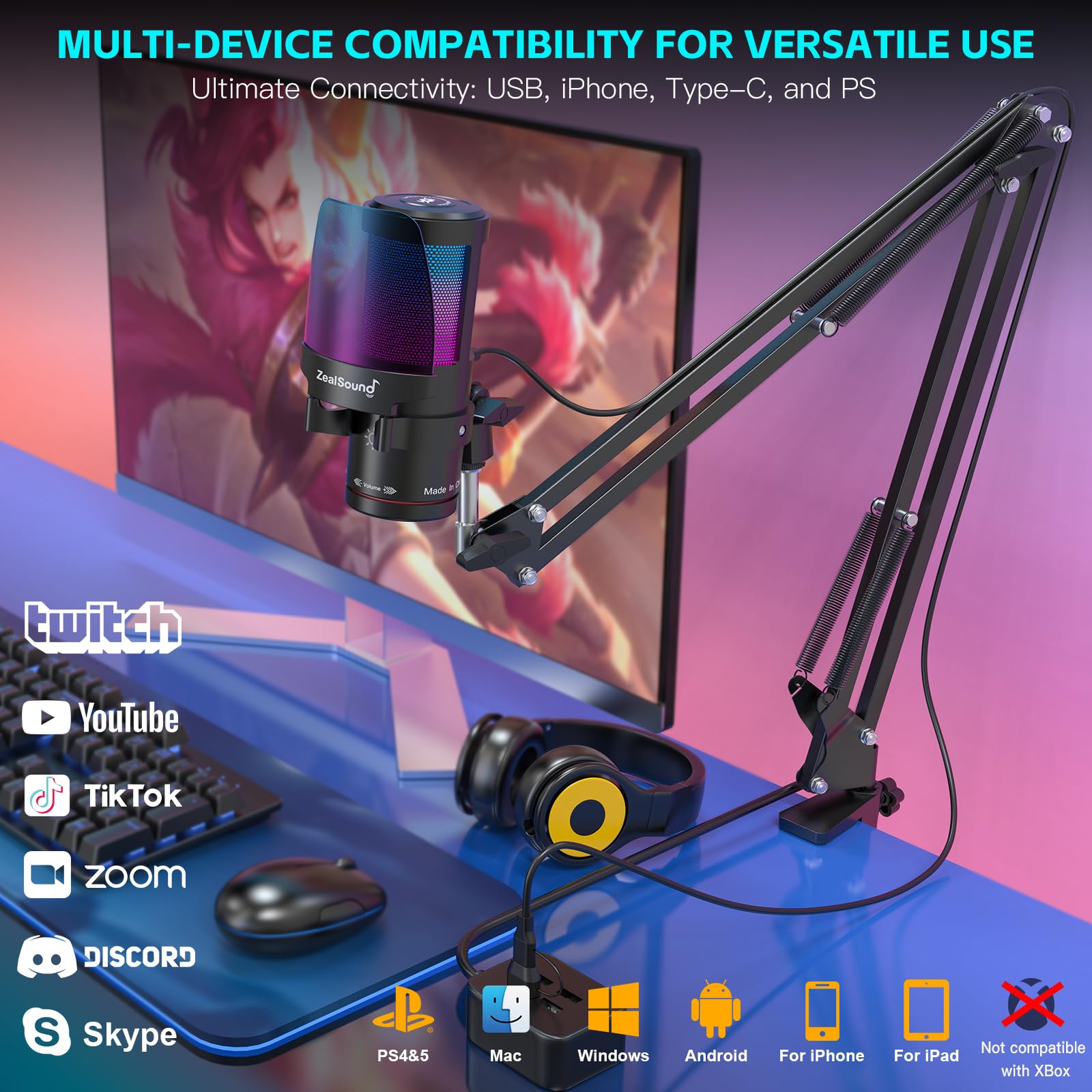 ZealSound USB Gaming Micrófono, micrófono condensador, kit de micrófono, luz RGB, silenciamiento táctil, ganancia, monitoreo para transmisión, podcast, Twitch, YouTube, Discord,*Phone, iPad, PC, PS4/5