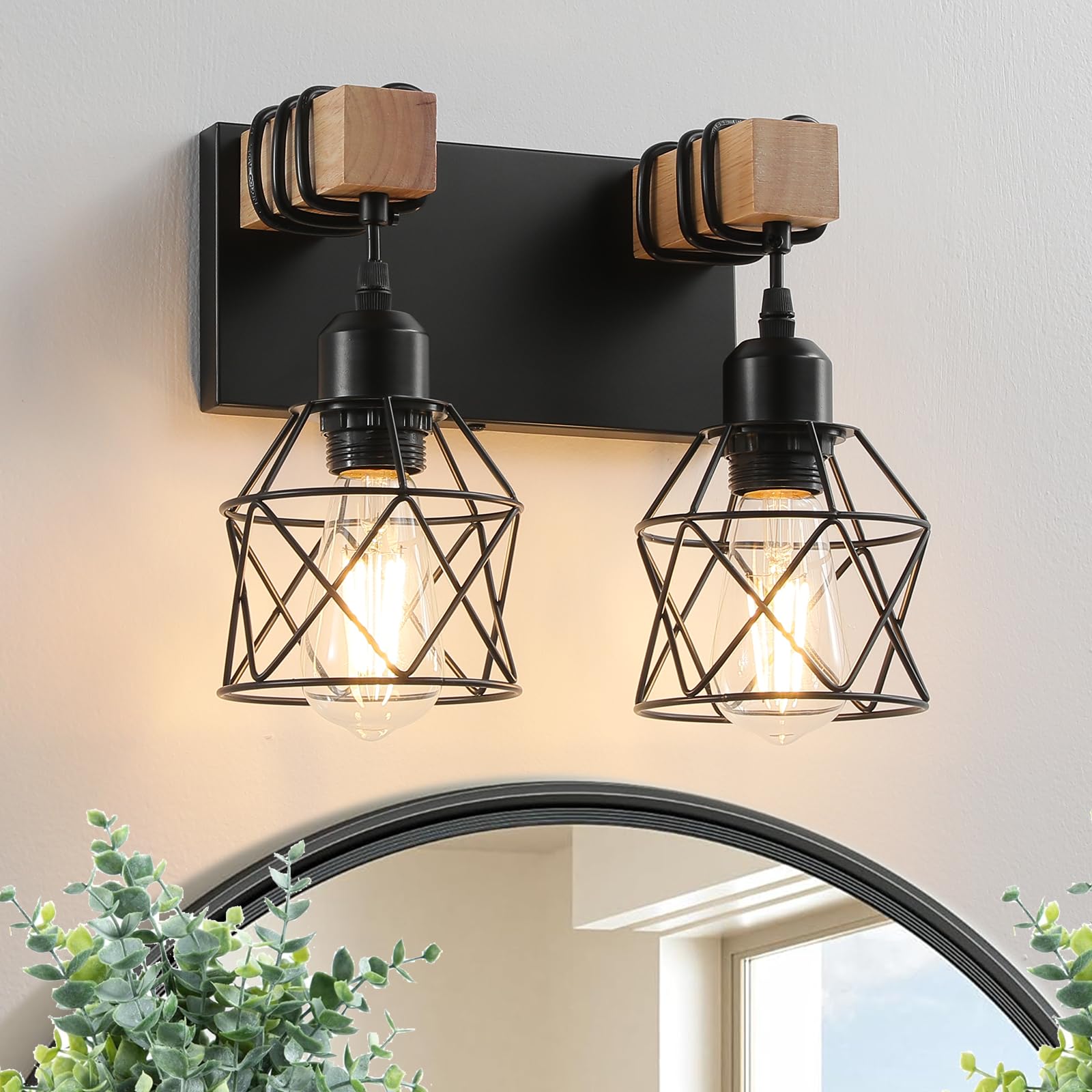 Farmhouse Bathroom Light Fixtures, 2-Light Vanity Lights for Bathroom, Black Wood Bathroom Lighting Over Mirror with Metal Shades, Bulbs Not Included