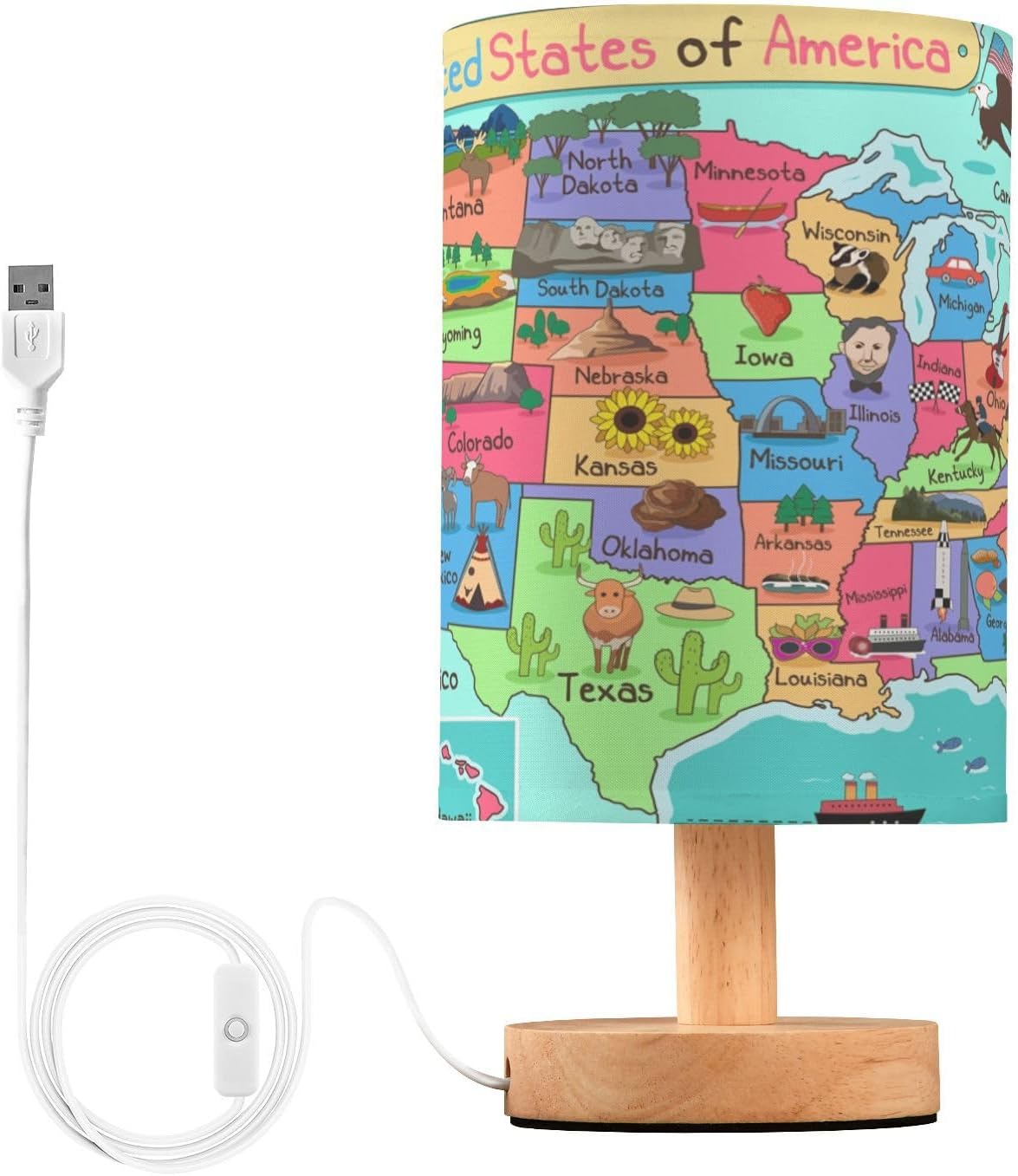 ALAZA Bedside Lamp United States Map Table Lamp for Girls Boys Bedroom with USB Port LED Kids Nightstand Lamp Wood Base Desk Living Room Decor