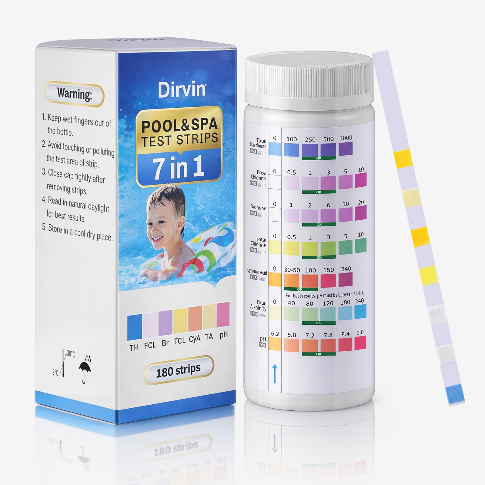 Dirvin Tiras de prueba de 7 vías para piscina y spa, 180 tiras para jacuzzi y piscina, prueba precisa de dureza total, cloro libre, bromo, cloro total, ácido cianúrico, alcalinidad total, pH