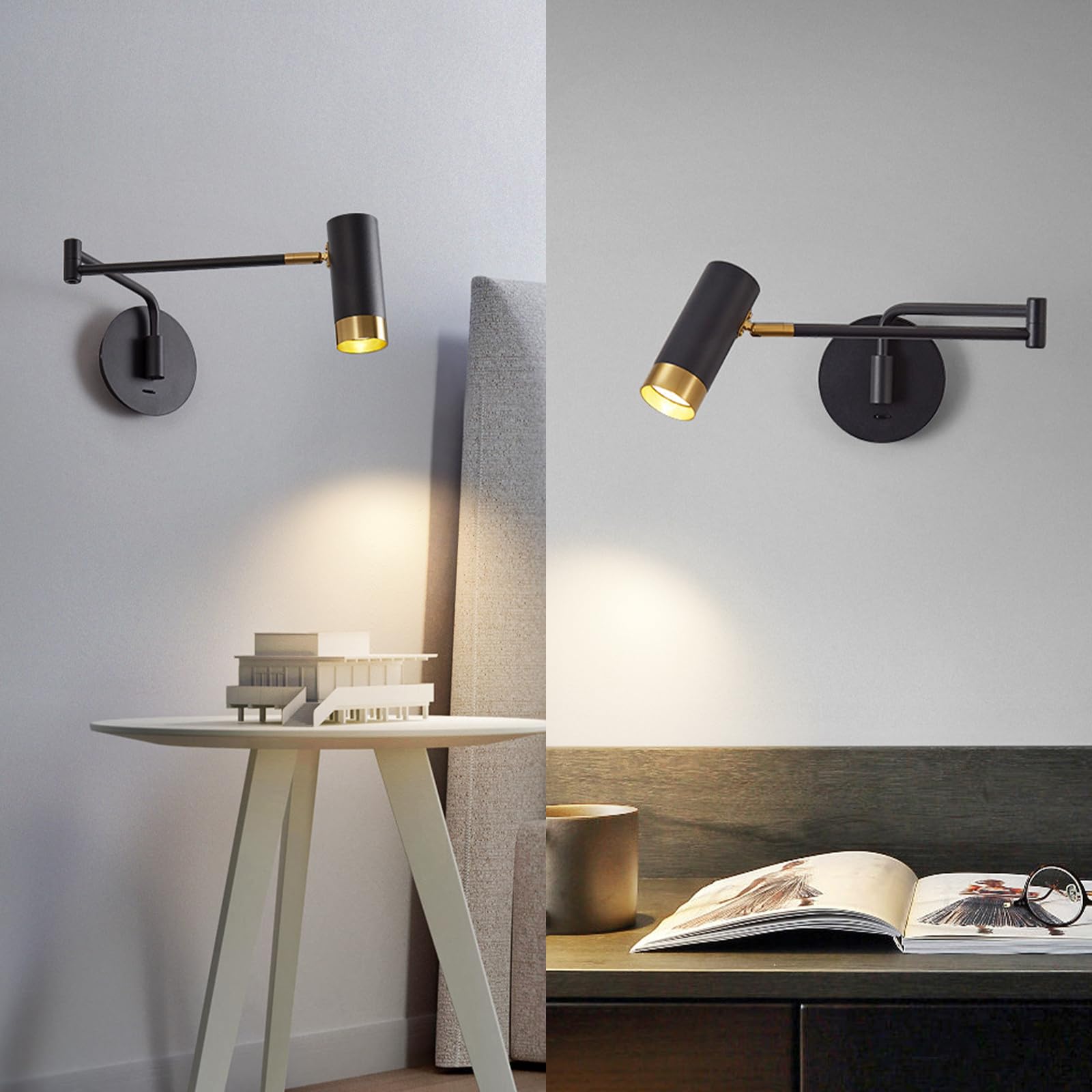 Ausziehbare Wandlampe mit Schalter und Schwenkarm, Leselampe Wand | mit Verstellbarem Langen Arm, Schwenkbar Vintage Industriell E27 5W LED Wandleuchte, für Wohnzimmer Schlafzimmer, Schwarz