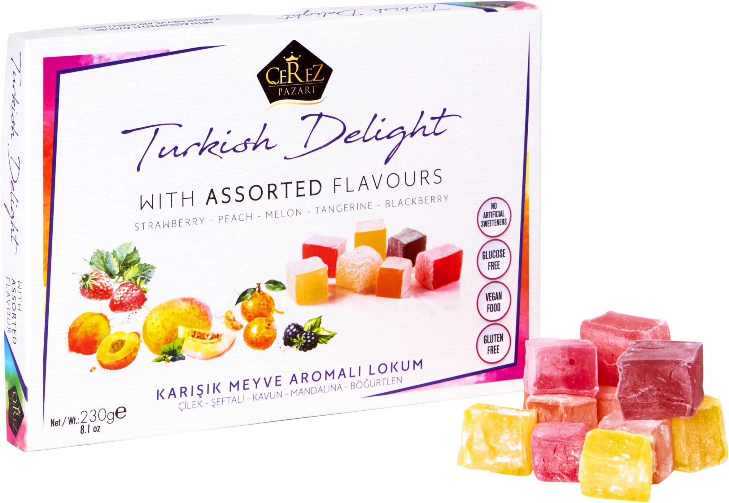 Çerez Pazarı Cherry Pazari Turkish Delights Mixed Flavors Mixed Flavors Gift Box 8.1 oz Vegan Fruit Snacks | No Traditional Sweet Nuts Luxury Lokum Loukoumi